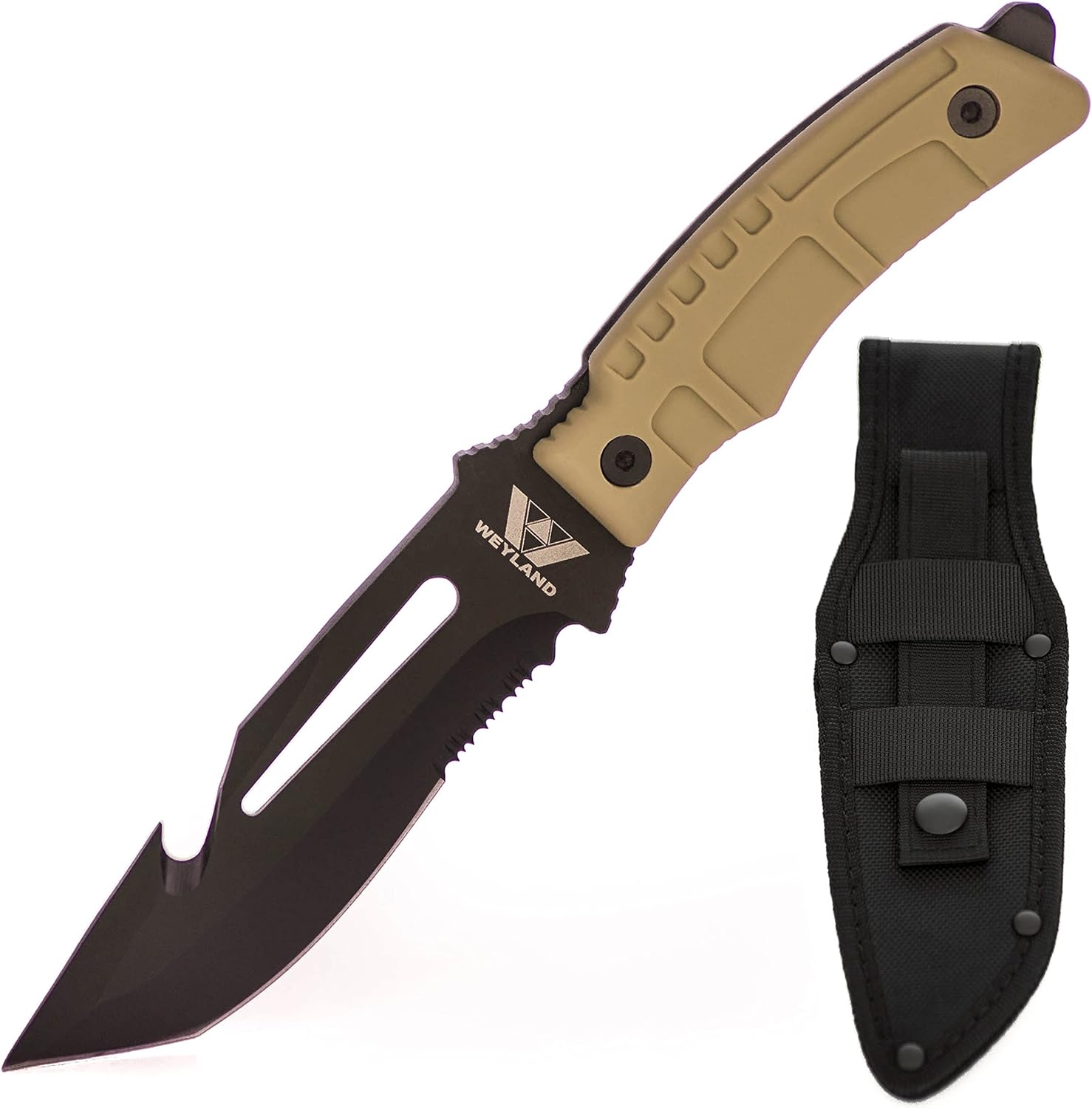 WEYLAND Tactical Knife with MOLLE Sheath Holster - Fixed Blade Full Tang Survival, Hunting, Bugout & Bushcraft Knife - Outdoor Hiking & Scout Camping Knives - Black