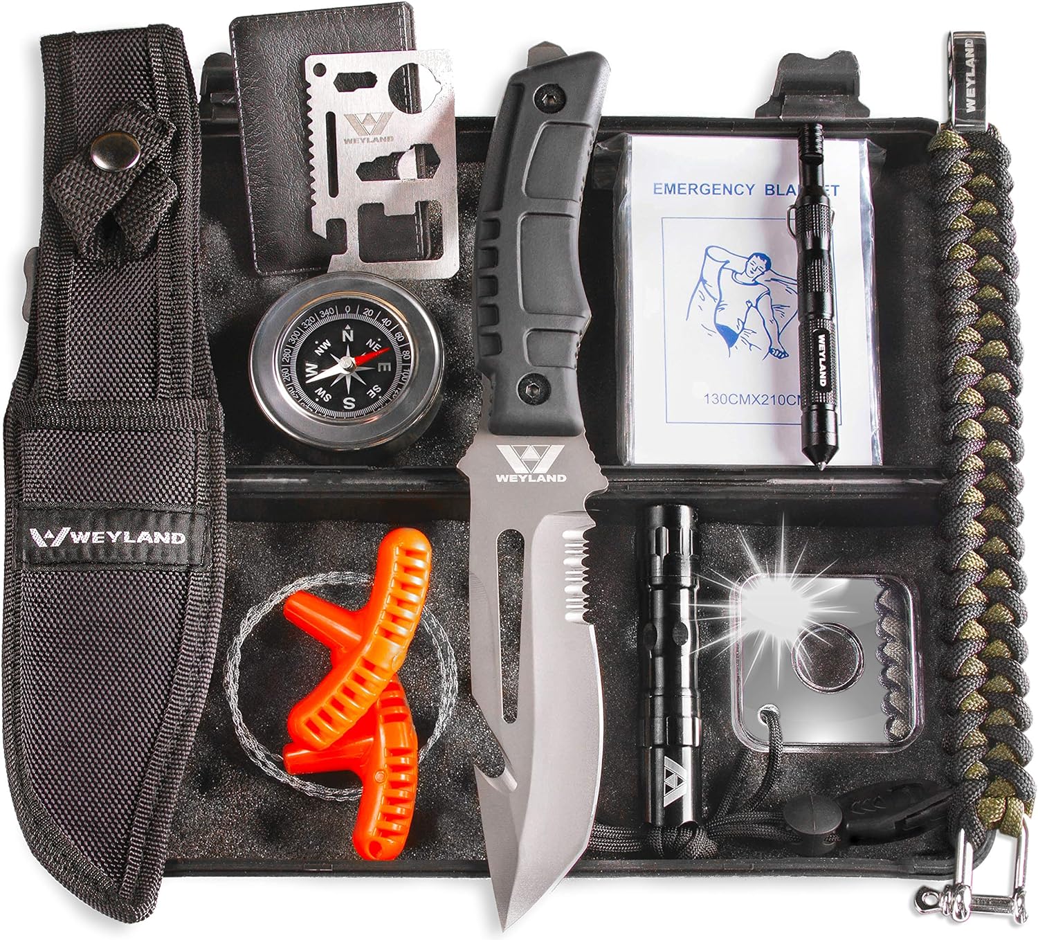 WEYLAND Emergency Survival Kit - Outdoor Survival Gear, Full Size Tactical Bushcraft Knife and Essential Camping and Hiking Tools for any Outdoorsman