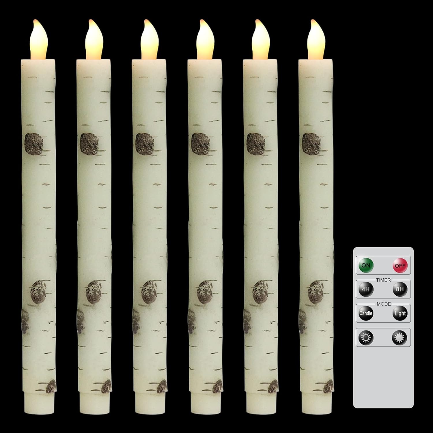 Wondise Birch Bark Flameless Taper Candles with Remote & Timer, 6 Pack Battery Operated Candles LED Flickering 3D Flame Real Wax Candle, Christmas Thanksgiving Fireplace Decorations