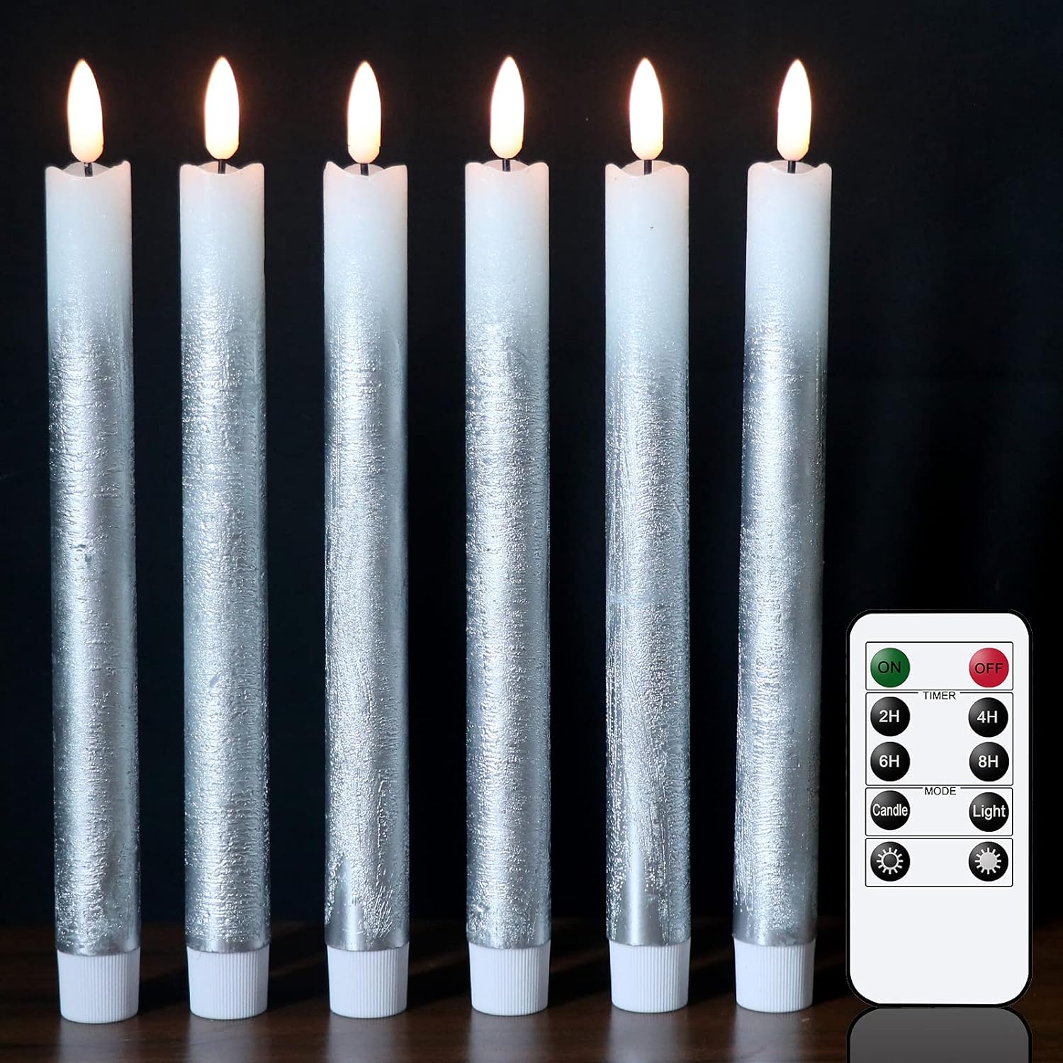 Wondise Flameless Taper Candles with Remote & Timer, 9 Inch Real Wax Silver Battery Operated LED Flickering Candles for Christmas Thanksgiving Decorations