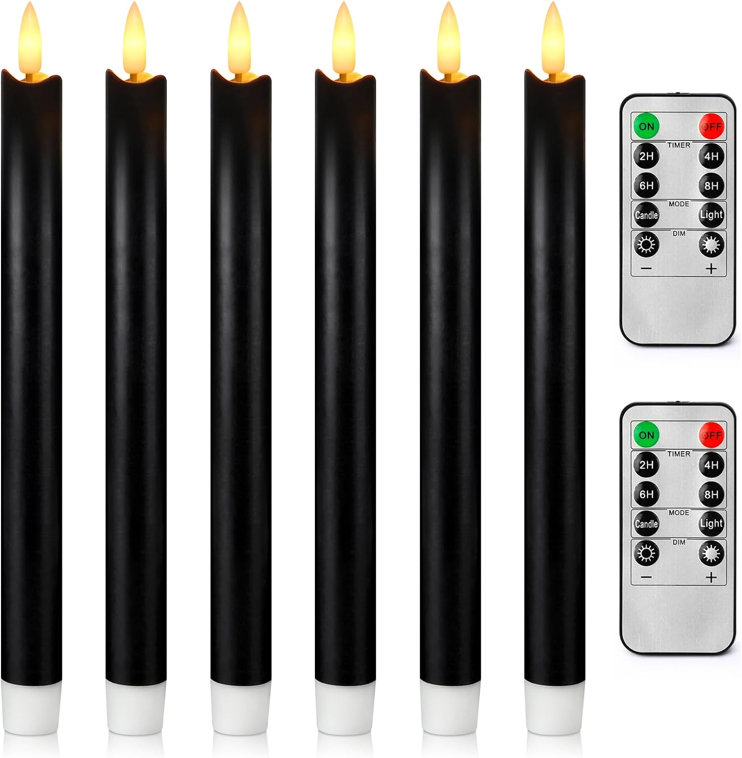 Enpornk 6 Pack Flameless Flickering Taper Candles with 2 Remote Controls and Timer, Real Wax 3D Wick Light Window Candles Battery Operated, Christmas Home Wedding Decor(Black, 9.6Inch)