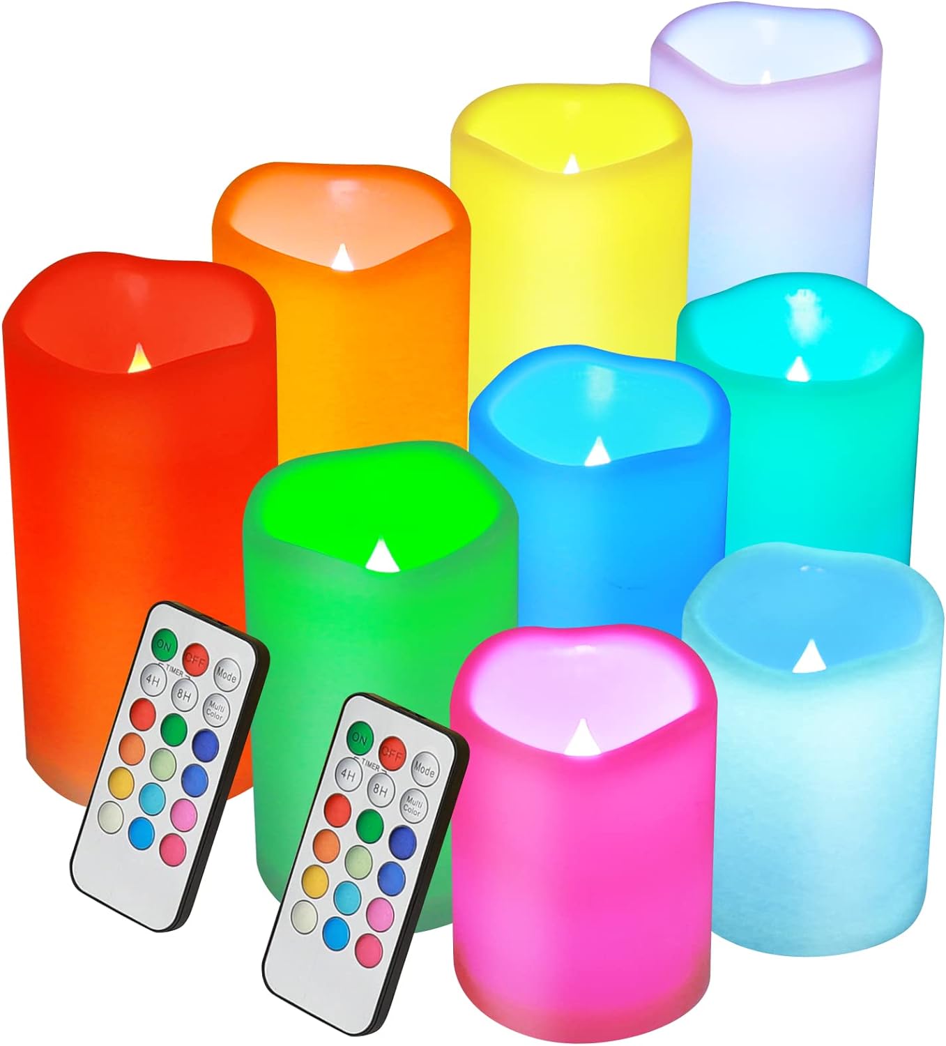 Enido 9 Pcs Color Changing Christmas Flameless Candles, Battery Operated LED Candles with Remote and Timer for Christmas Tree Decor, Fall Decor, Holiday Decor (D: 3'' x H: 4''5''6'')