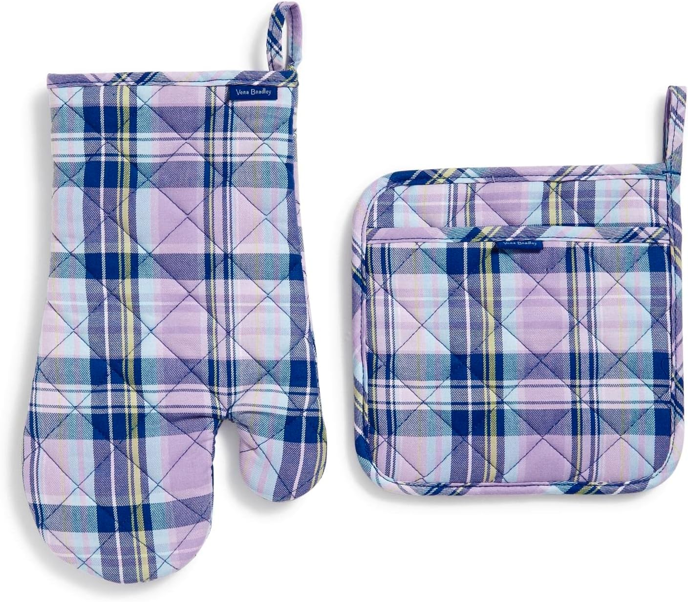 Vera Bradley Women' Cotton Pot Holder & Oven Mitt Set, Amethyst Plaid - Recycled Cotton, One Size