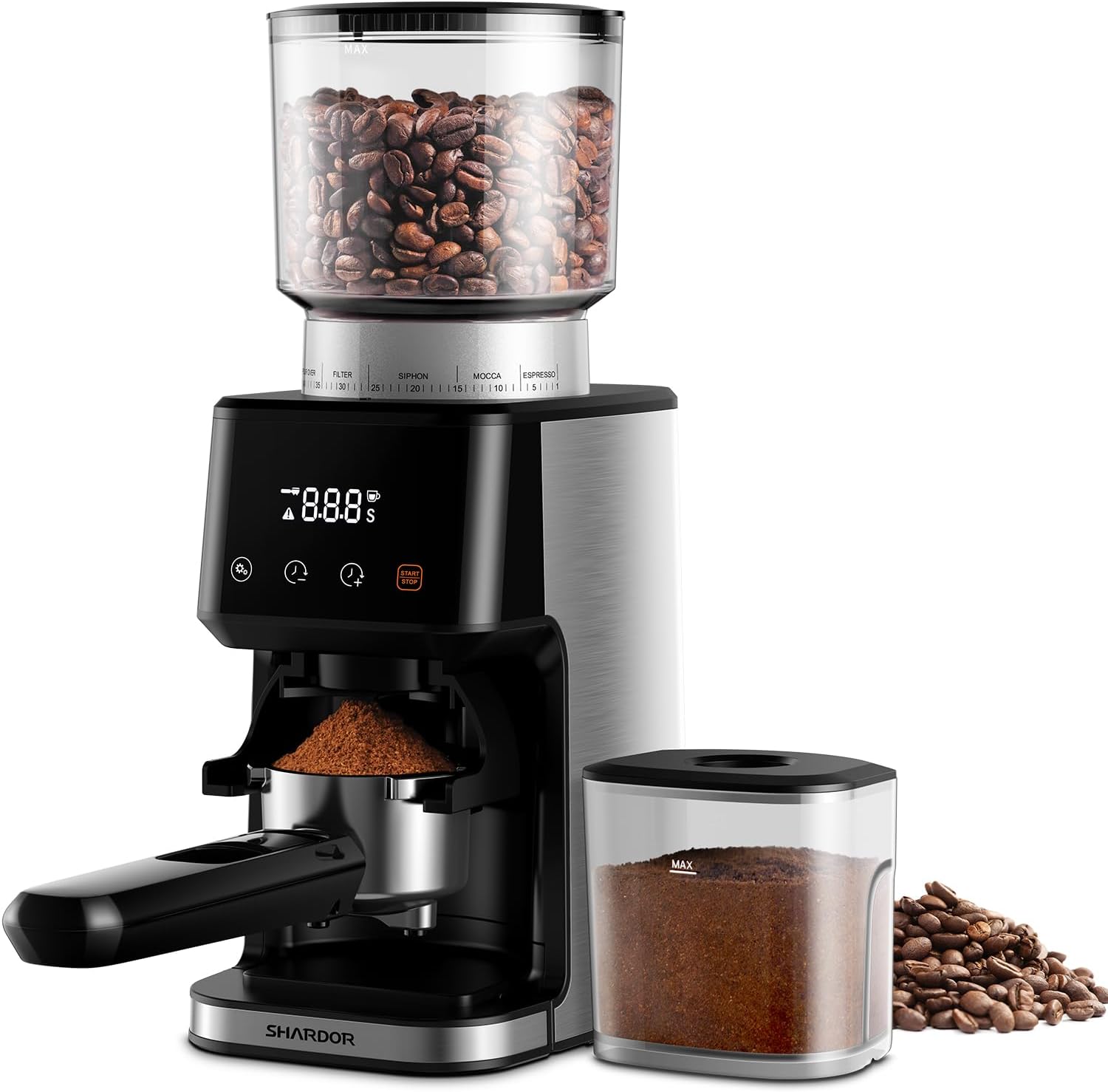 SHARDOR Anti-static Conical Burr Coffee Bean Grinder for Espresso with Precision Timer, Touchscreen Adjustable Electric Burr Mill with 51 Precise Settings for Home Use, Brushed Stainless Steel