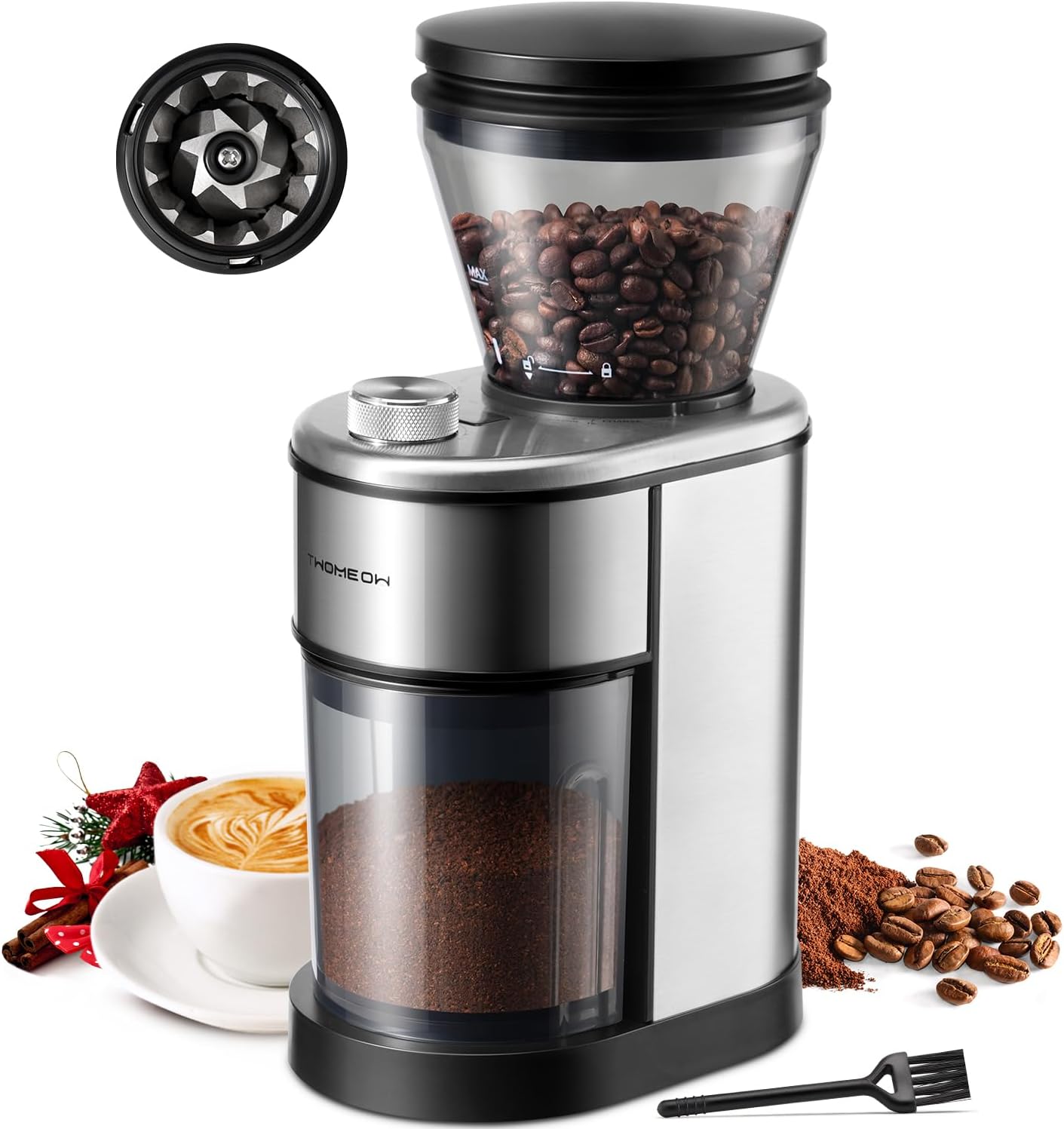 Conical Burr Coffee Grinder, Stainless Steel Coffee Grinder Electric with 15 Precise Grind Settings for Espresso/Pour Over/MokaPot/French Press/Cold Brew, Compact Design