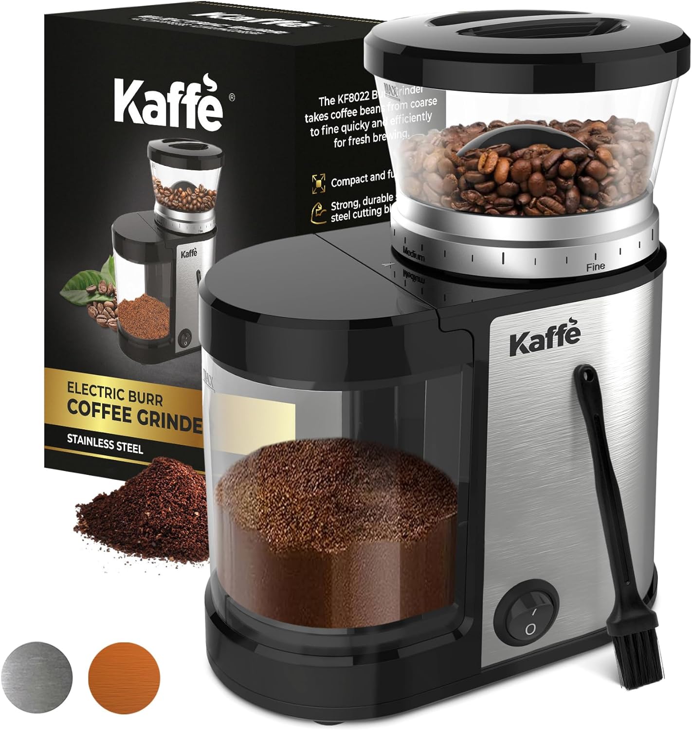 Kaffe Burr Coffee Grinder Electric w/Adjustable Settings for Precision Coffee Bean Grinding (5.5oz Capacity) Best Coffee Grinders For Home Use. (Upgraded Powerful Motor) Stainless Steel