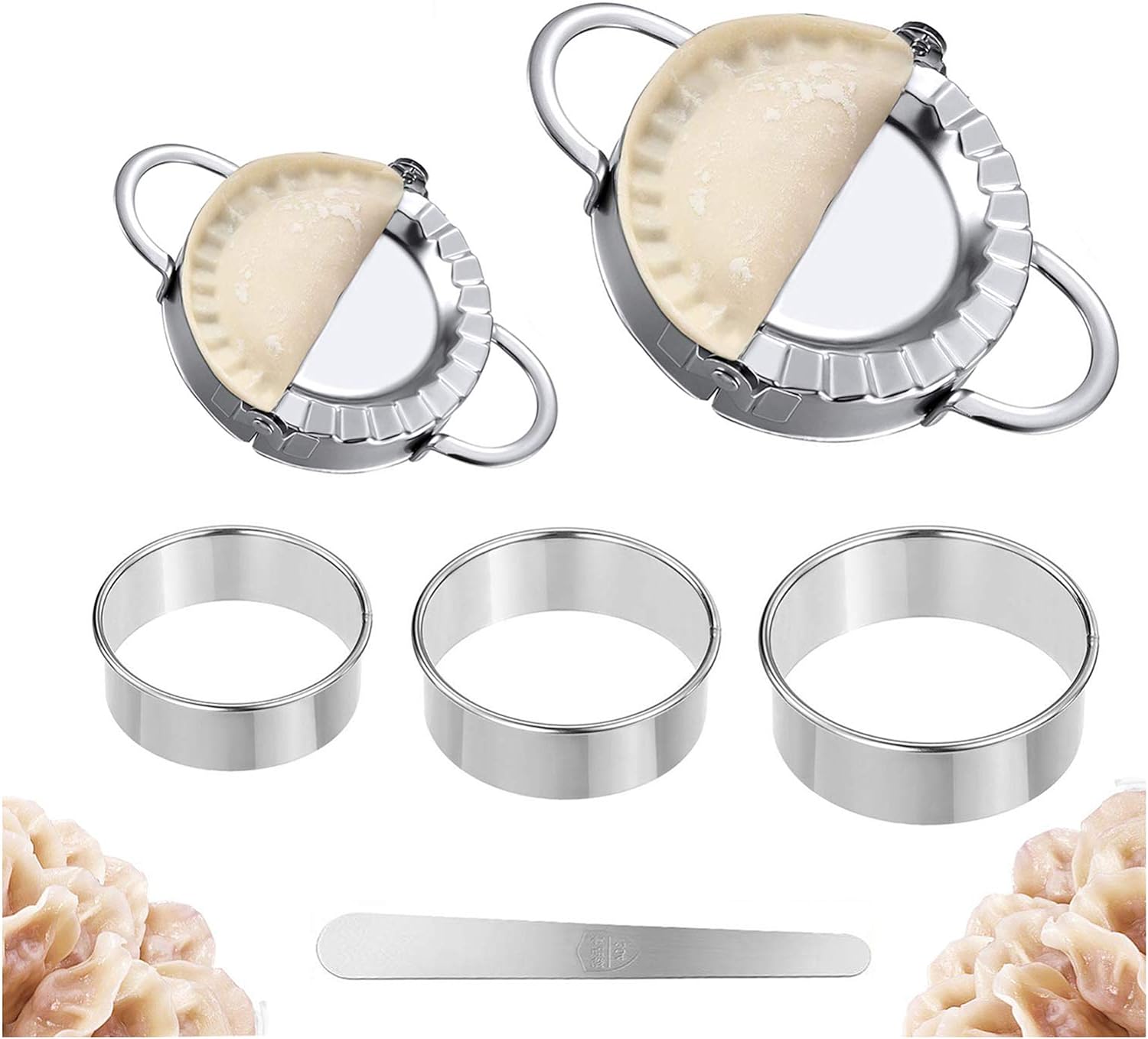 Dumplings Maker, 2pcs Stainless Steel Dumpling Mold and 3pcs Dough Ravioli Skin Press Cutter, 1pcs Stuffing Spoon-Empanadas Press Pie Mold Chinese Dumpling Pierogi Cutter Wrappers Pastry Making Tools