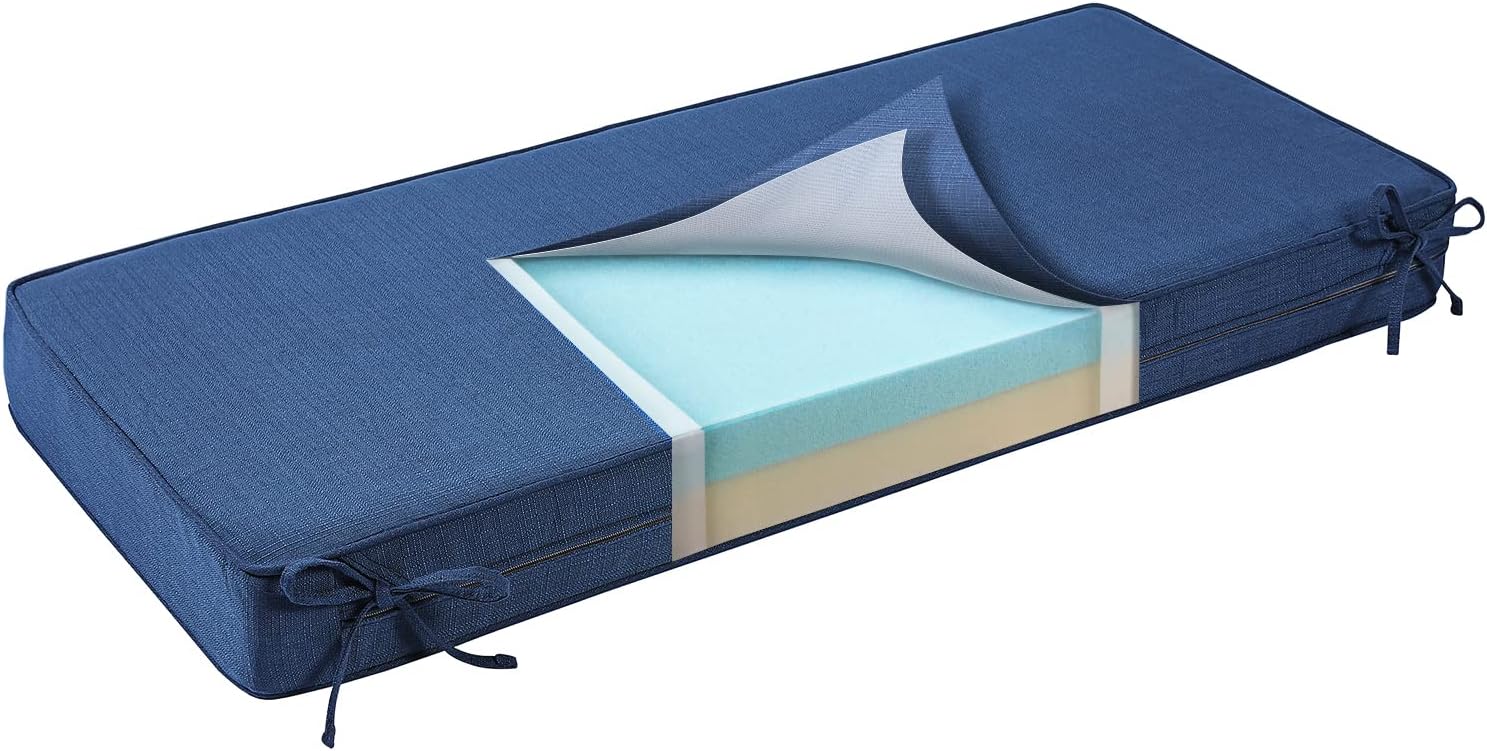 SUNROX Gel Memory Foam Bench Cushion with Ties, Ultra Durable Water Resistant FadeShield Outdoor/Indoor Universal Bench Seat Pads 45 x 16 x 4 inch, Navy