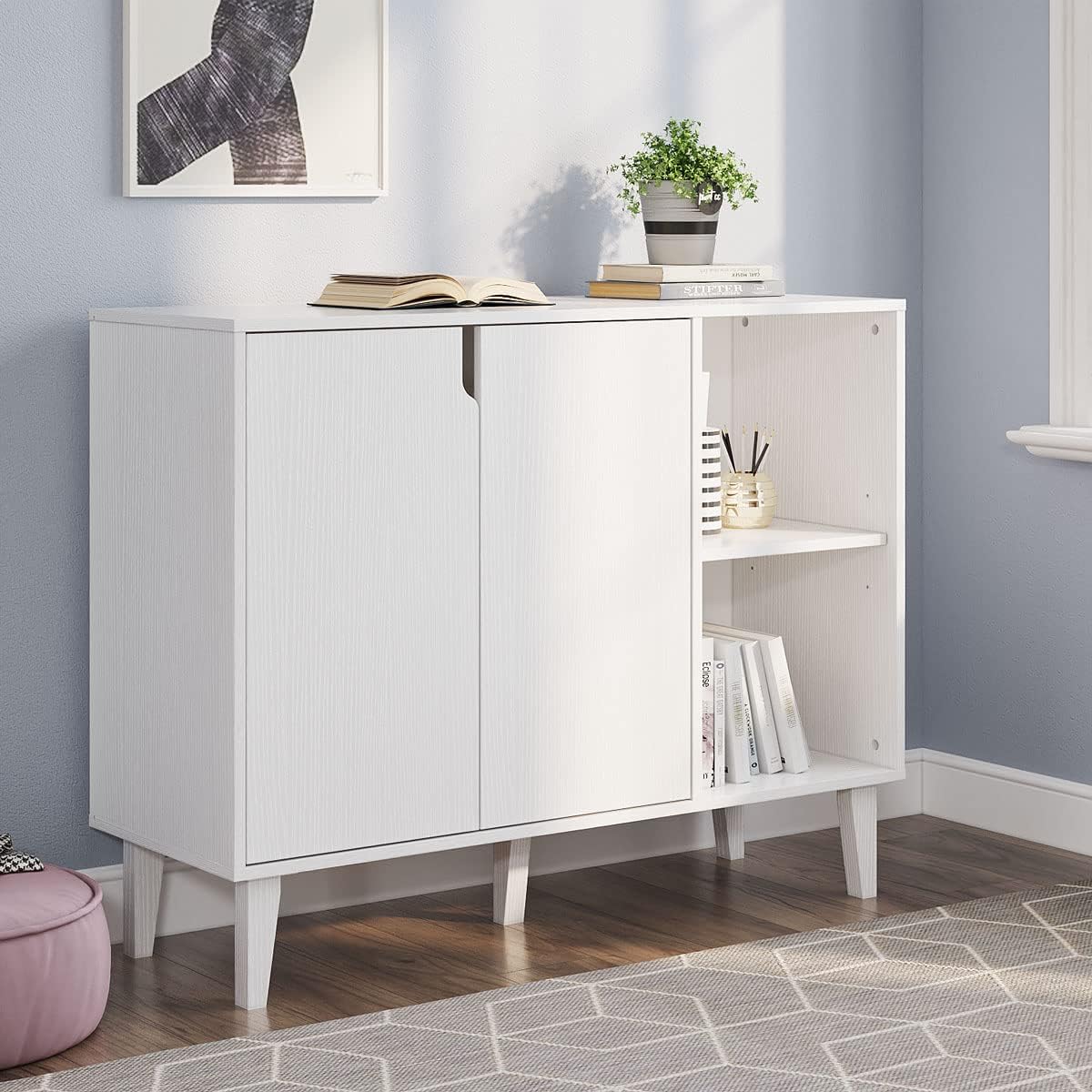 Panana Kitchen Buffet Cabinet Storage Sideboard with 2 Doors 2 Shelves, White, 41.8 L x 15 W x 32.5 H