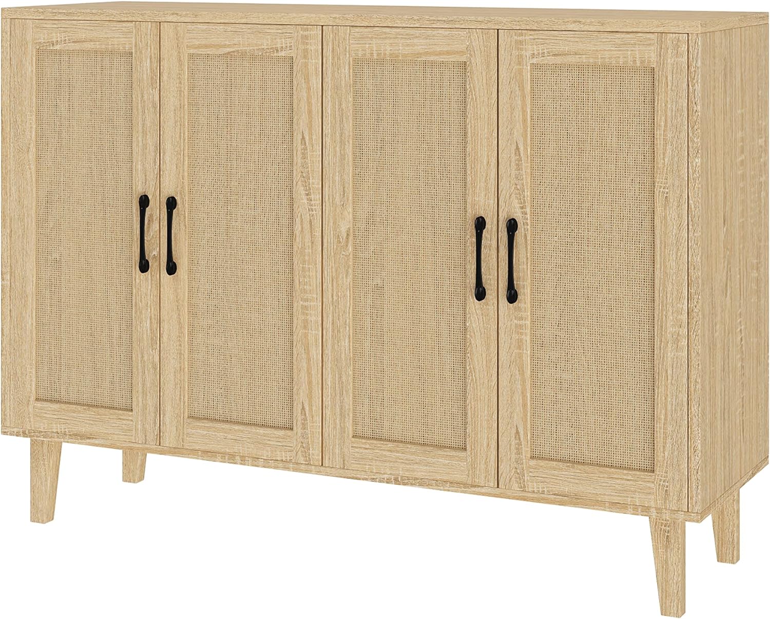 Panana Buffet Storage Cabinet with Rattan Decorating 4 Doors Living Room Kitchen Sideboard 48.43 x 34.65 x 15 inch (Natural Wood)