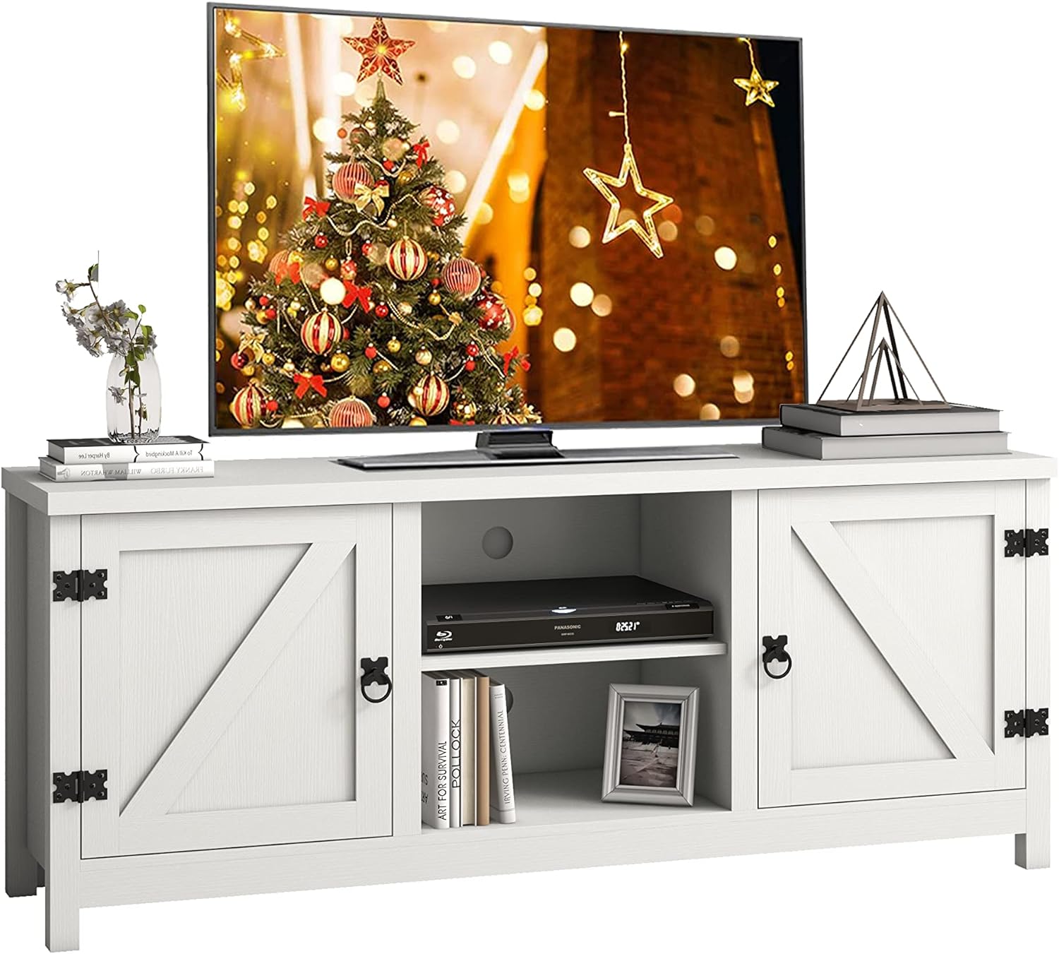 Panana Modern Farmhouse TV Stand for 65 inch TV, Entertainment Center with Storage and Open Shelves, Wood TV Stands TV Table Stand for Living Room, Bedroom (White, for 32-65 TV)