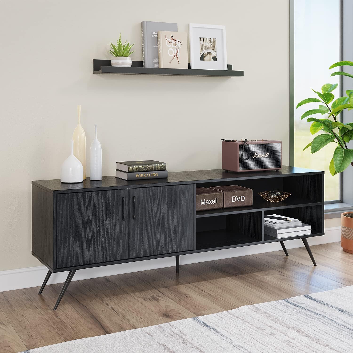 Panana TV Stand Television Console Unit Cabinets with 3 Open Cubby and 2 Doors for Living Room Bedroom for TVs up to 70 Inches (62.99 Inches Black)