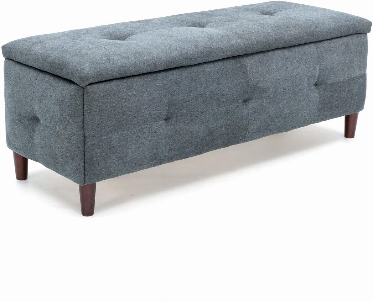 Panana Rectangle Tufted Lift Top Storage Ottoman Bench, Footstool with Solid Wood Legs Upholstered Storage Bench, Gray Linen Fabric