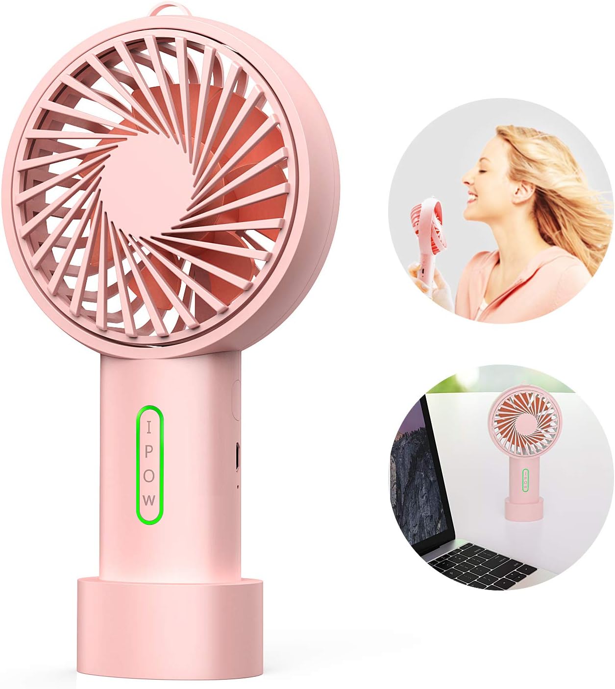 IPOW Mini Handheld Fan Personal Portable Fan 3 Speed Adjustable Angle Removable Base Lanyard USB Recharging Battery Operated Small Desk Cooling Face Fan for Home Camping Disney Travel Peach Pink