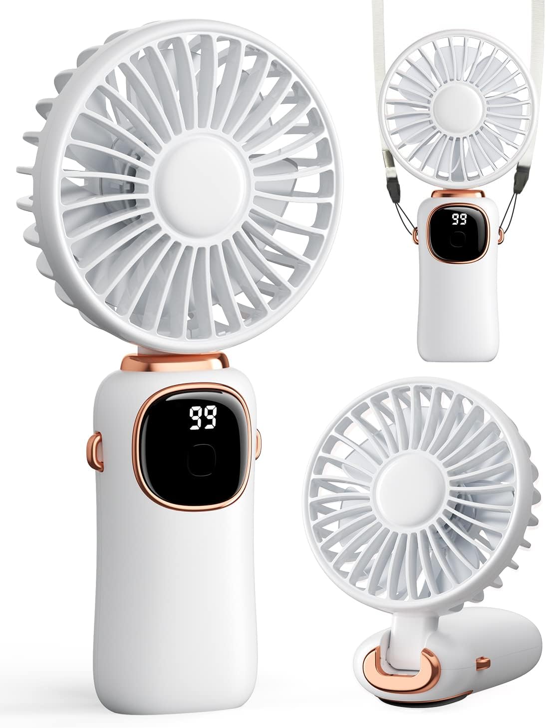 Portable Handheld Fan, 4000mAh Battery Operated 3 in 1 Multifunction Personal Travel Fan with Digital Display, 90 Foldable Desk Fan with Base, 5 Speed Lash Fan for Makeup/Office (White)