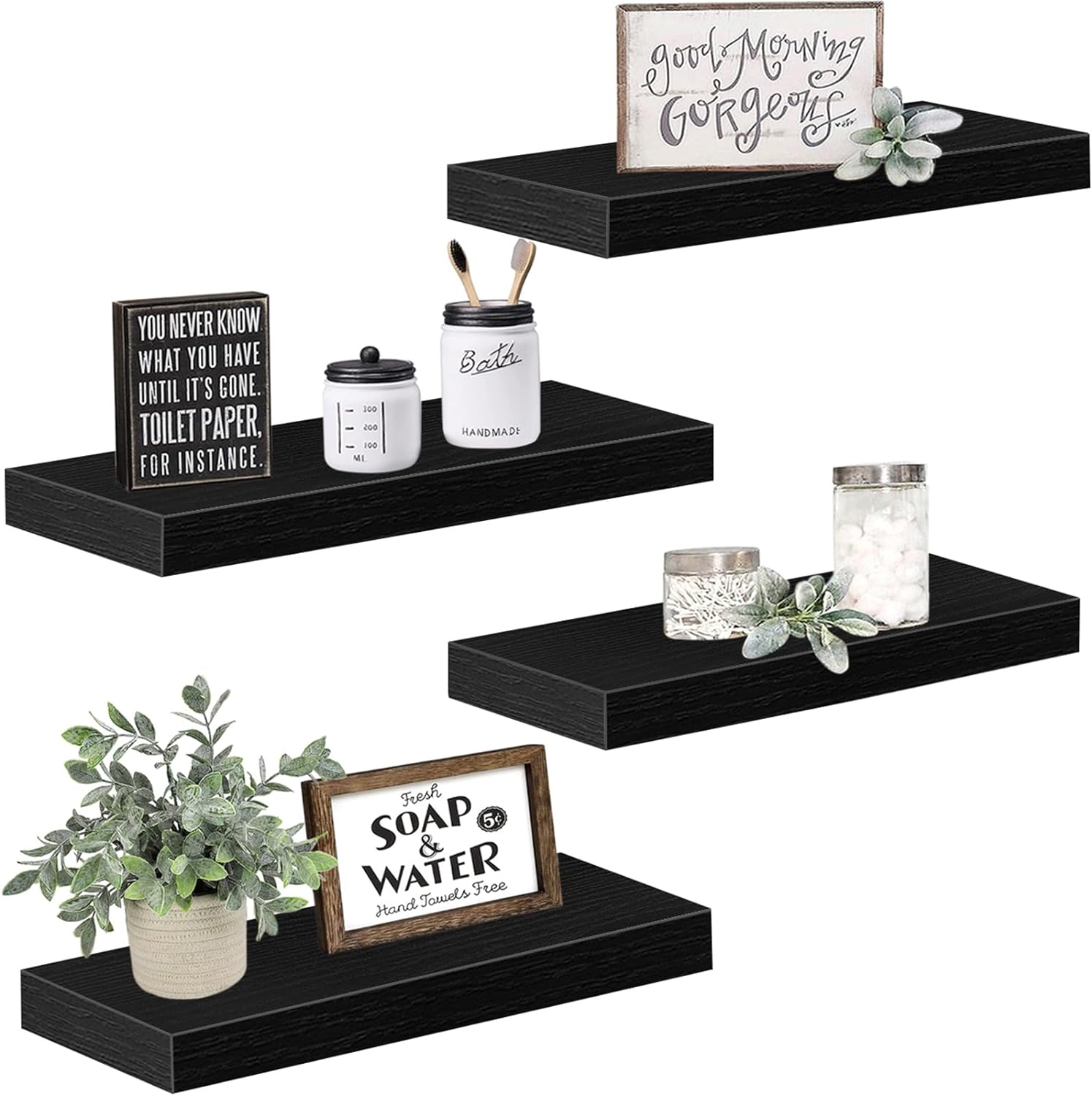 QEEIG Black Floating Shelves Bathroom Shelf Bedroom Kitchen Modern Small Book Shelf for Wall Set of 4 (015-B4)