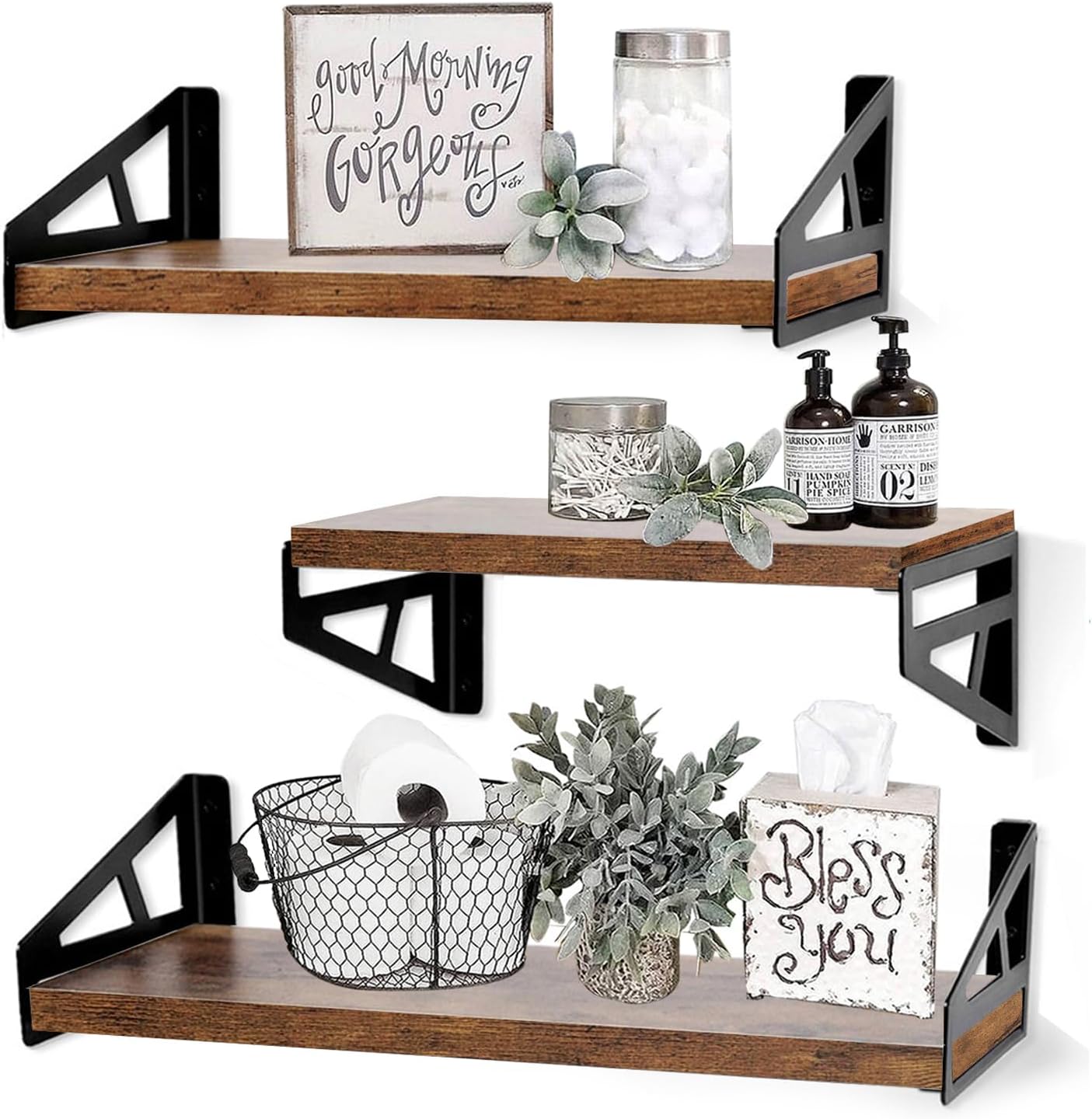 QEEIG Floating Shelves for Wall Set of 3 Bedroom Kitchen Bathroom Farmhouse Shelf, Rustic Brown (FS635)