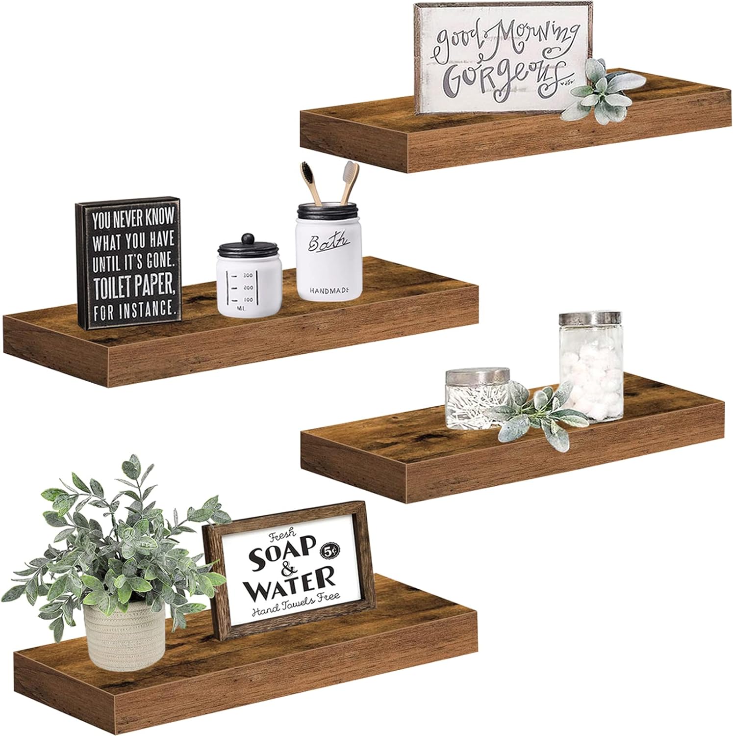 QEEIG Floating Shelves Bathroom Shelf Bedroom Kitchen Farmhouse Small Book Shelf for Wall 16 inch Set of 4, Rustic Brown (015-BN4)