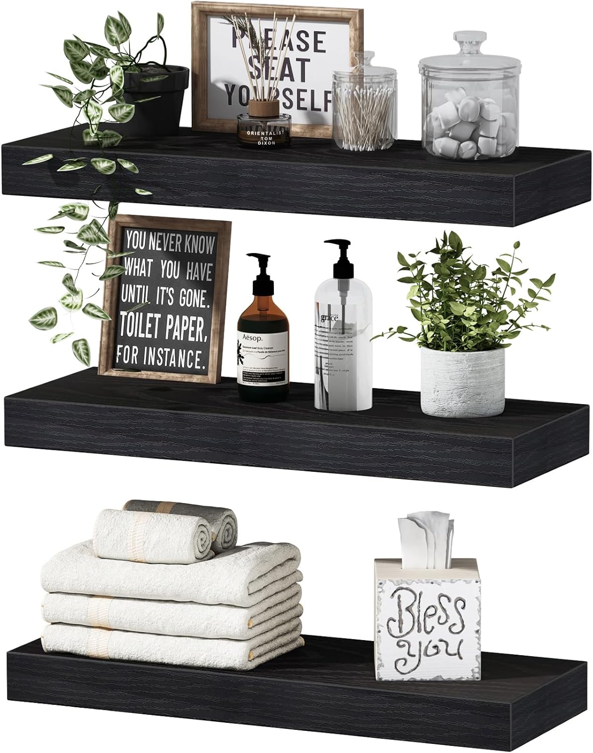 QEEIG Black Floating Shelves for Wall Bathroom Shelf Bedroom Kitchen Farmhouse Modern Small Book Shelf Set of 3 (015-B3)