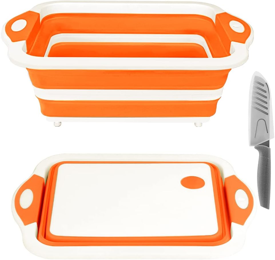 Collapsible Cutting Board, Foldable Chopping Board with Colander, Multifunctional Kitchen Vegetable Washing Basket Silicone Dish Tub for BBQ Prep/Picnic/Camping(Orange)