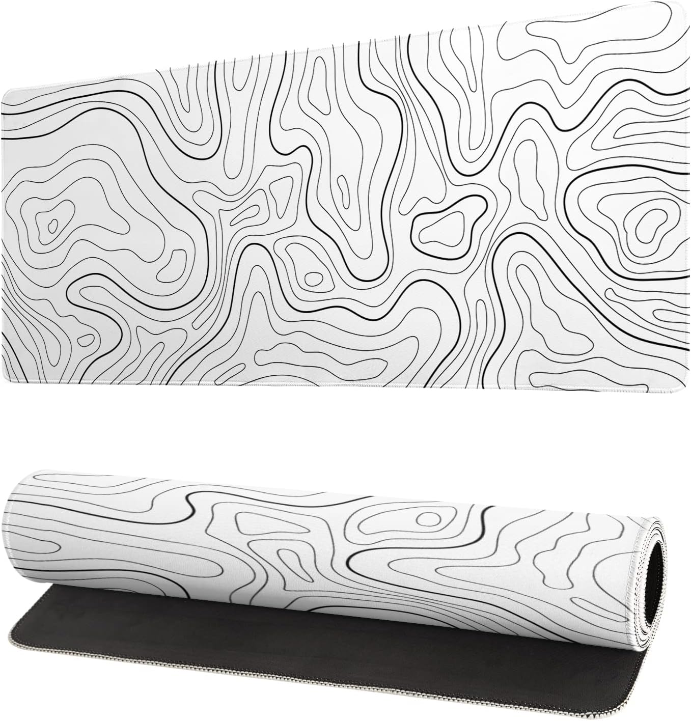 Topographic Contour White Gaming Mouse Pad XL Geographic Map Lines Extended Big Large Desk Mat Non-Slip Rubber Base Stitched Edge Long Keyboard Mousepad for PC Computer Laptop,31.5x11.8 Inch