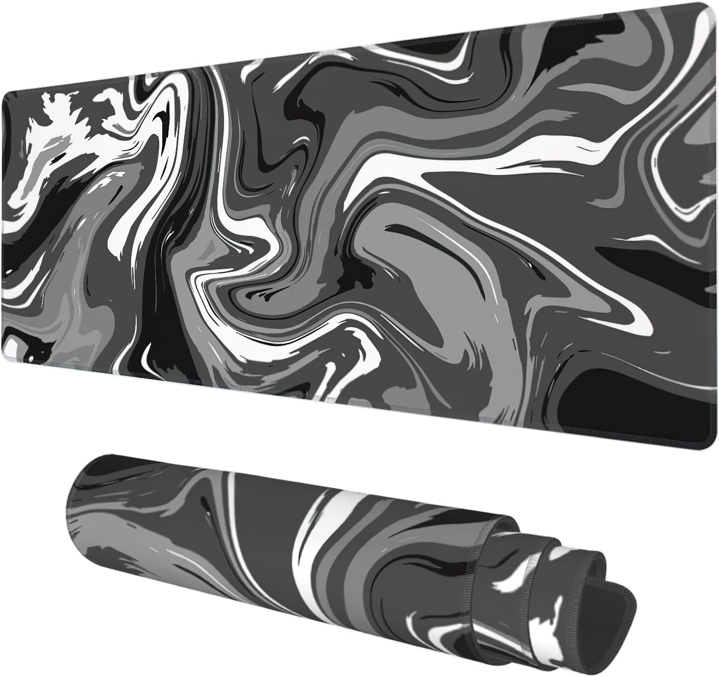 Desk Mat, Abstract Black White Ink Liquid Waves Extended Gaming Mouse Pad Large, 31.5x11.8 Big Mouse Pad with Non-Slip Base and Stitched Edge, Long Computer Keyboard Mouse Mat for Home Office Work