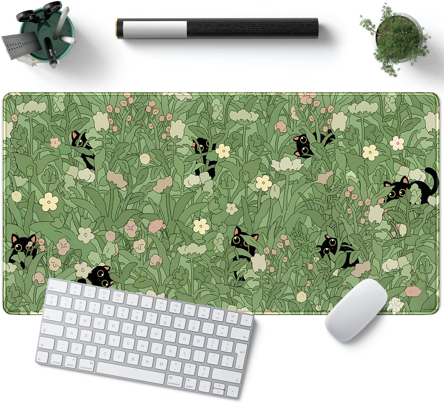 Green Desk Mat XL Cat Cute Plant Cool Desk Pad Keyboard Mat Kawaii Black Cat Flower Mouse Pad Green Desk Mat Desk Decor with Stitched Edges Non-Slip Large Computer Mat 31.5x15.7in