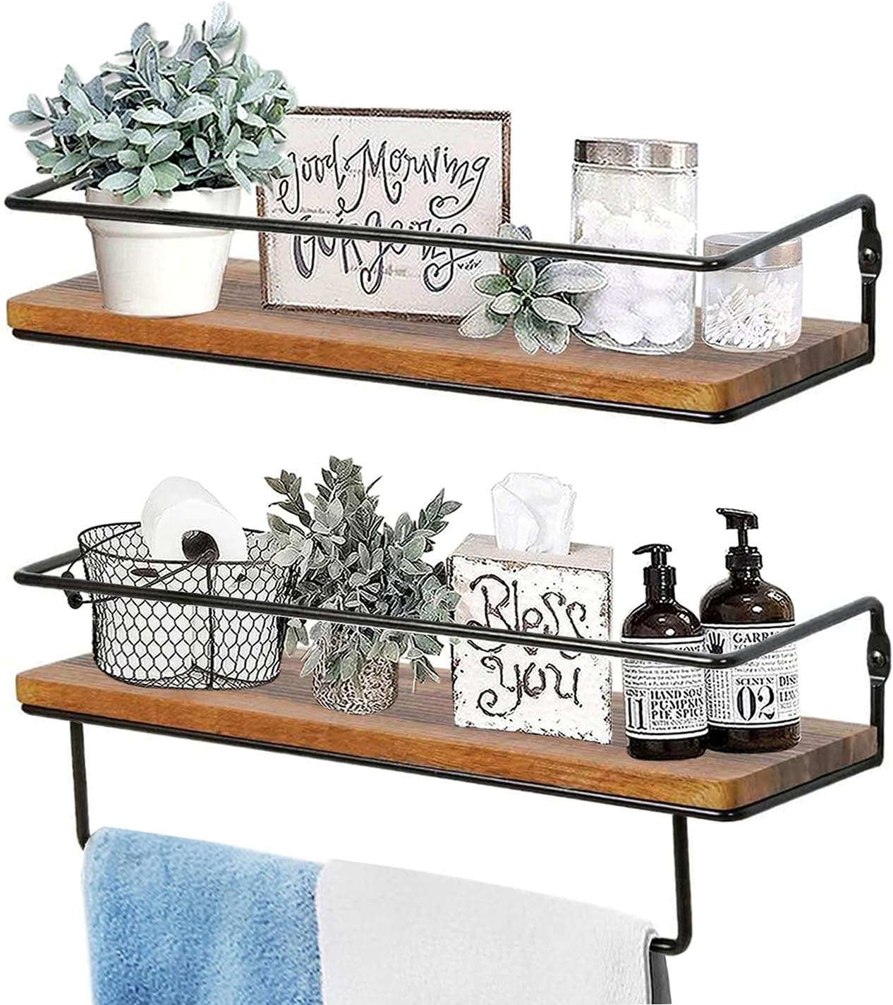 QEEIG Bathroom Shelves Over Toilet Floating Wall Shelf Farmhouse 16 inch Set of 2, Rustic Brown (FS636)