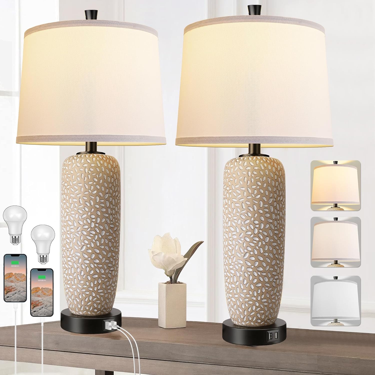 Table Lamps Set of 2, Boho Modern Bedside Lamps with Dual USB Ports, 27 3-Color Temperature Coastal Nightstand Lamp with White Fabric Shade for Living Room, Bedroom (LED Bulbs Included)