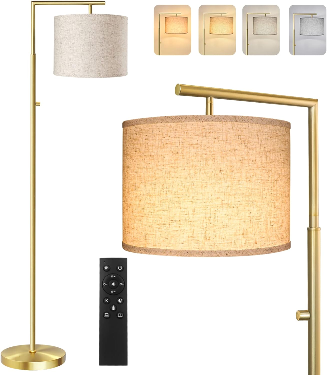 Dimmable Floor Lamp, 4-Color Temperature Modern Standing Lamp with Remote Control & Beige Shade, Tall Pole Floor Lamp for Living Room, Bedroom, Study Room, Office (LED Bulb Included) - Gold