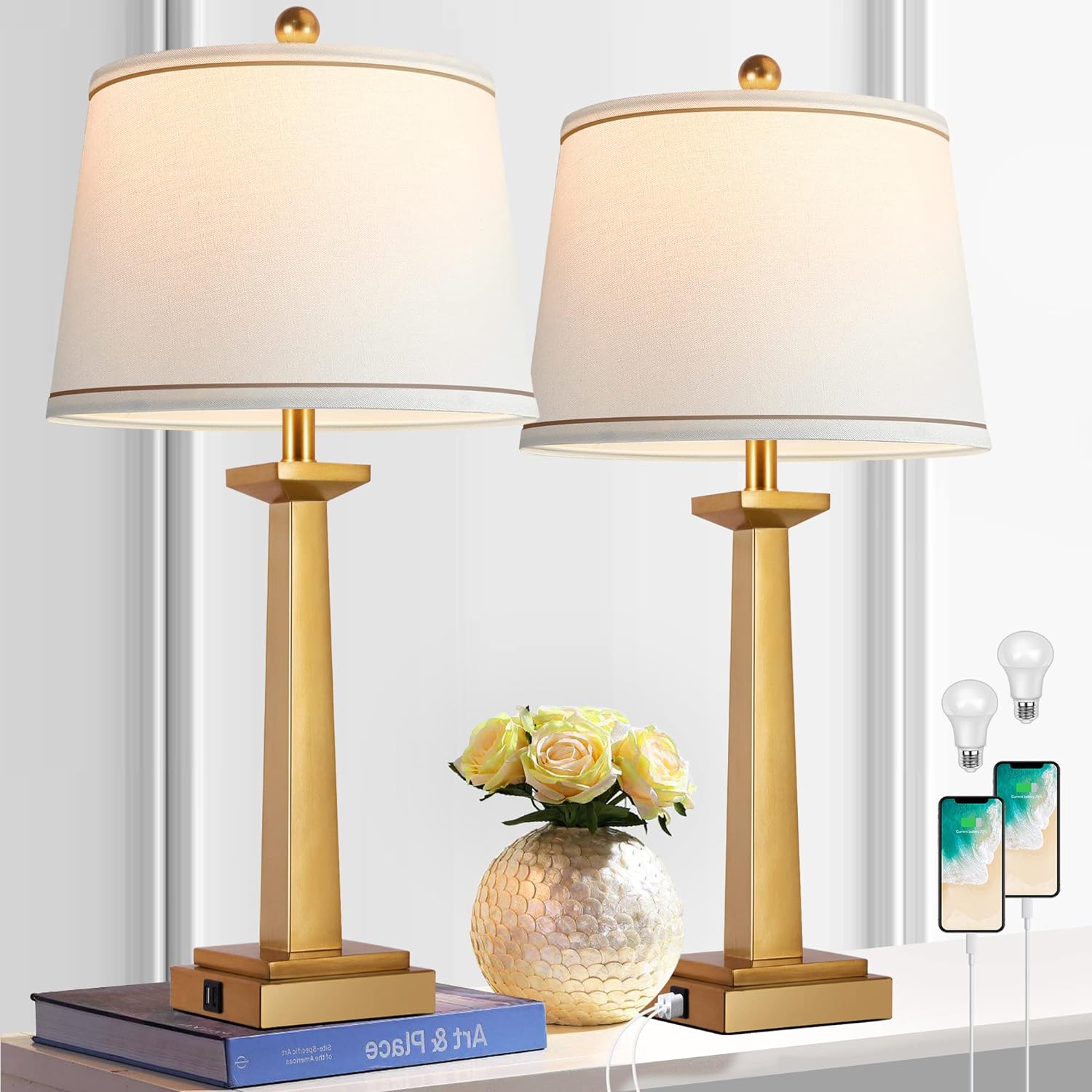 29 Gold Table Lamps for Living Room Set of 2, 3-Color Temperature Nightstand Modern Lamps with Dual USB Charging Ports, Resin Brass Tall Lamp for Bedrooms (LED Bulbs Included)