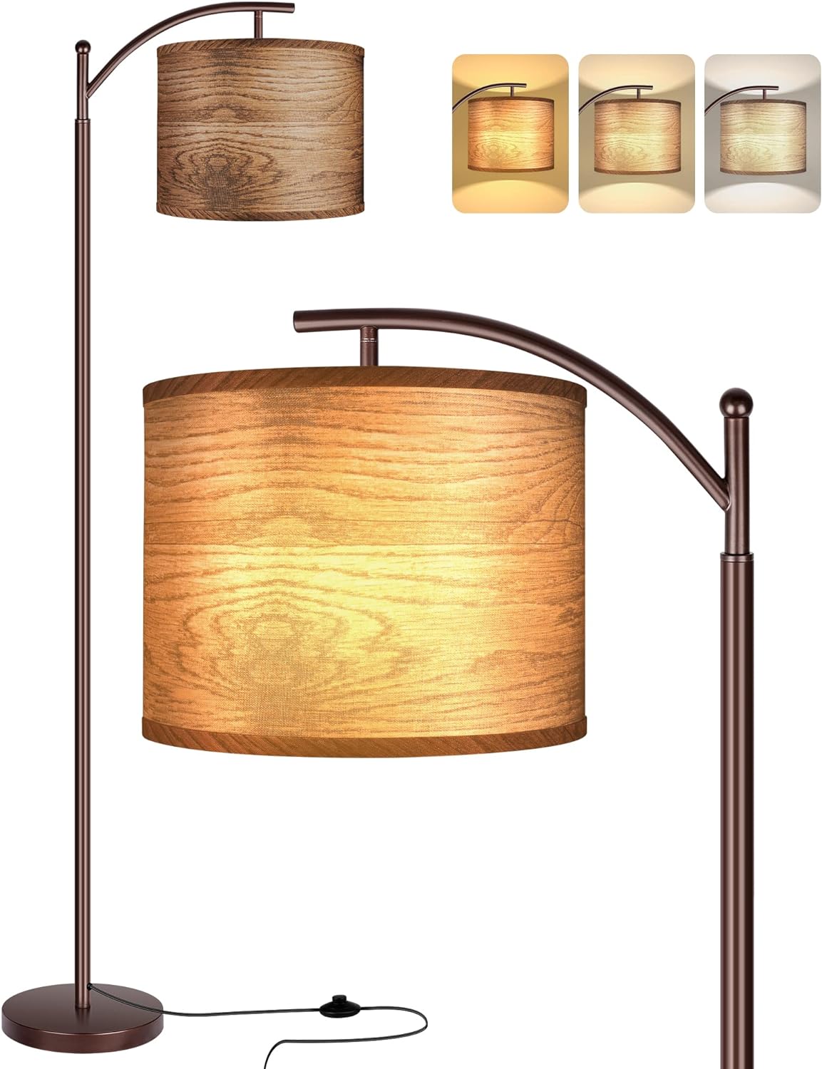 Floor Lamp with 3 Color Temperatures LED Bulb, Standing Lamp Tall Industrial Floor Lamp Reading for Bedroom, Office Wood Pattern Lampshade Included (Oil-Rubbed Bronze)