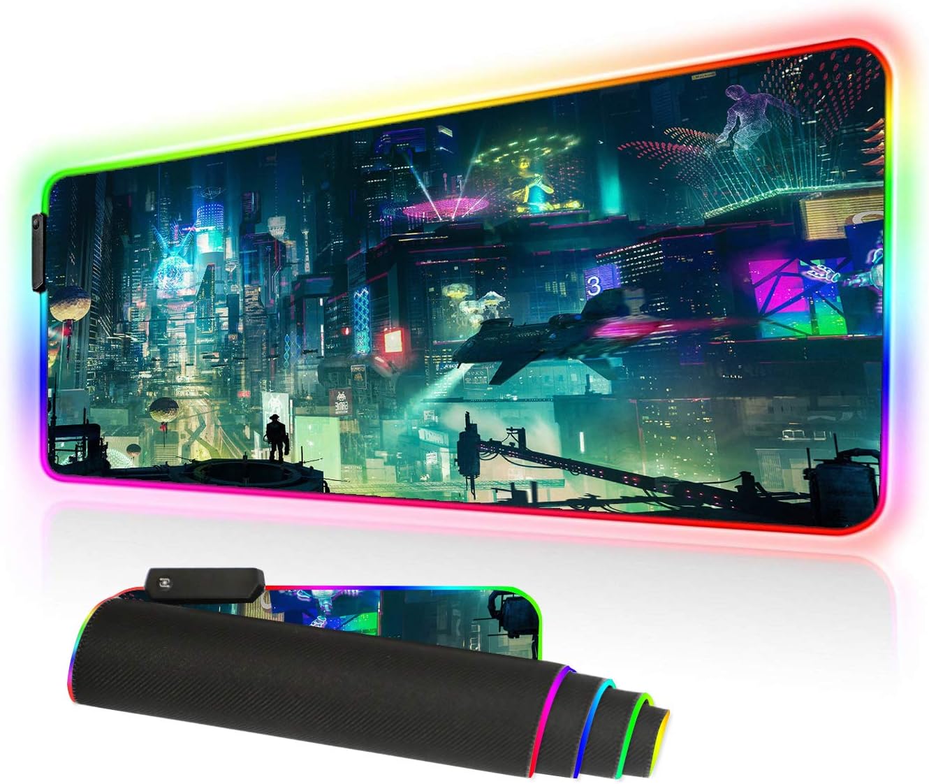 RGB Mousepad Large, Led Gaming Mouse Pad Oversized Glowing Mat Colorful Soft Mat for Mice Computer Keyboard with Non-Slip Rubber Base Water-Resistant (80x30 rgbgreencity)