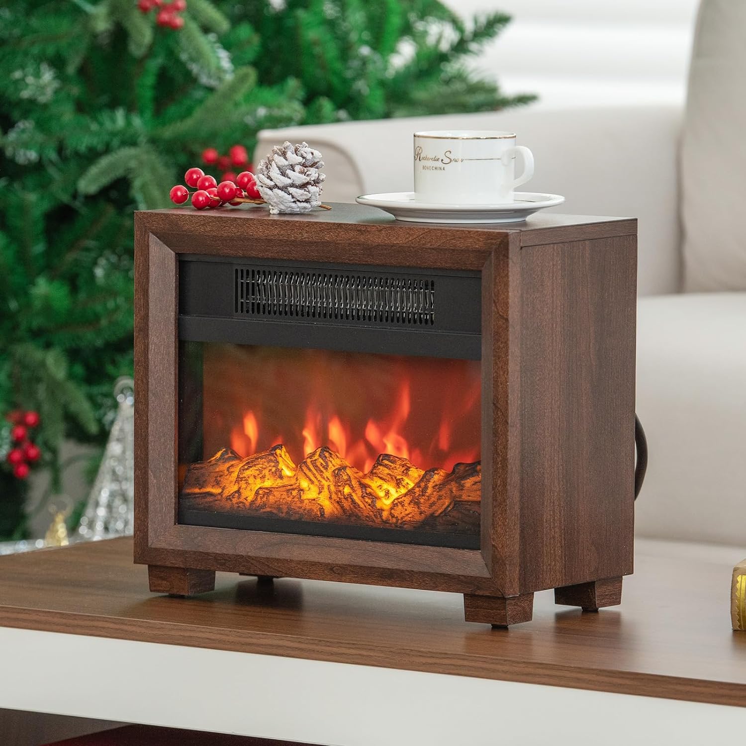 ORALNER Mini Electric Fireplace Heater for Indoor Use, 13 Inch Portable Fireplace Heater with Realistic Flame Effect, Overheat Protection, Compact Space Heater for Bedroom, 750W, Brown