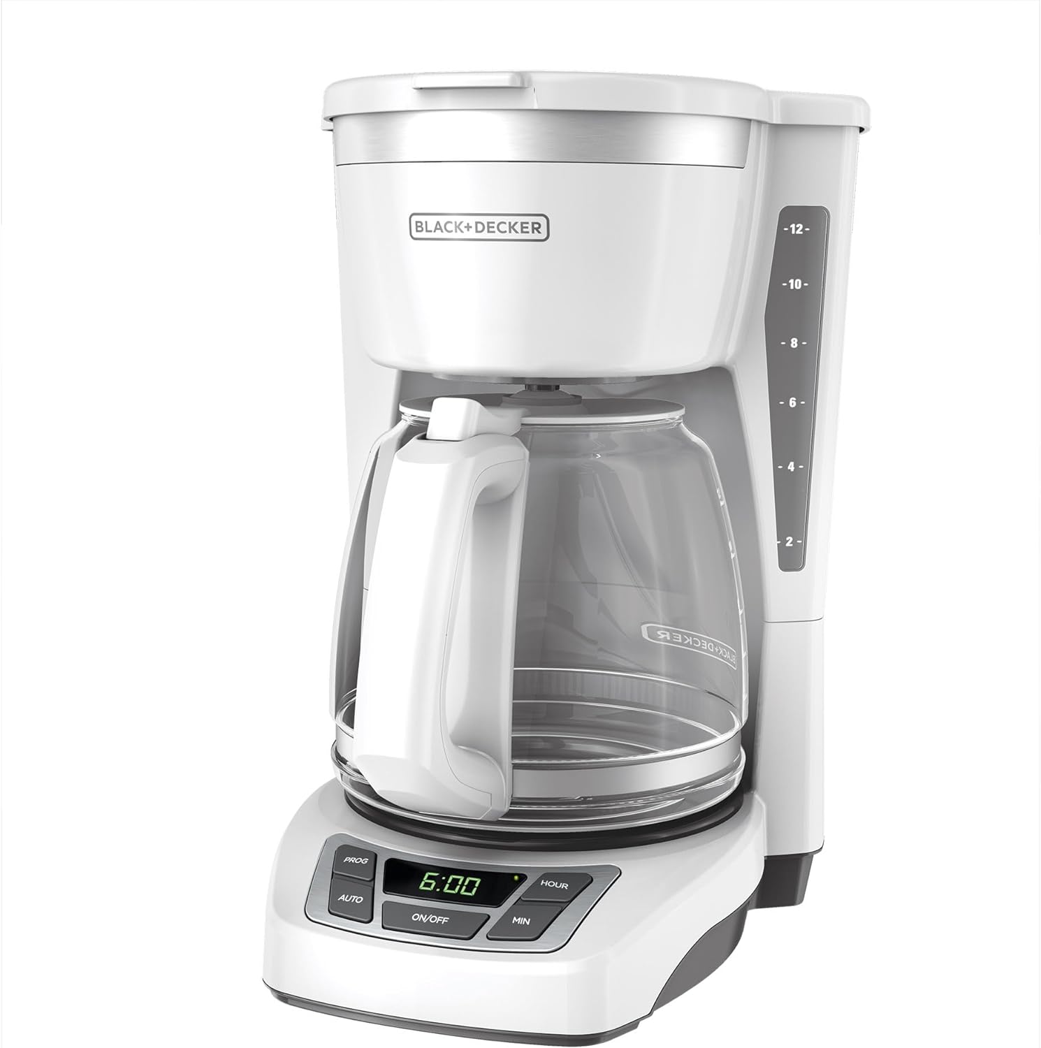 BLACK DECKER 12-Cup Digital Coffee Maker, CM1160W, Programmable, Washable Basket Filter, Sneak-A-Cup, Auto Brew, Water Window, Keep Hot Plate, White