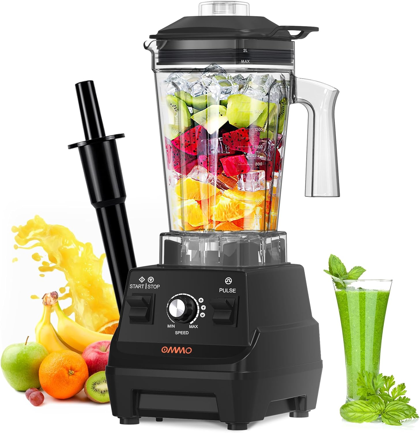 OMMO Blender 1800PW, Professional High Speed Countertop Blender with Durable Stainless Steel Blades, 60oz BPA Free Blender for Shakes and Smoothies, Nuts, Ice and Fruits, Dishwasher Safe