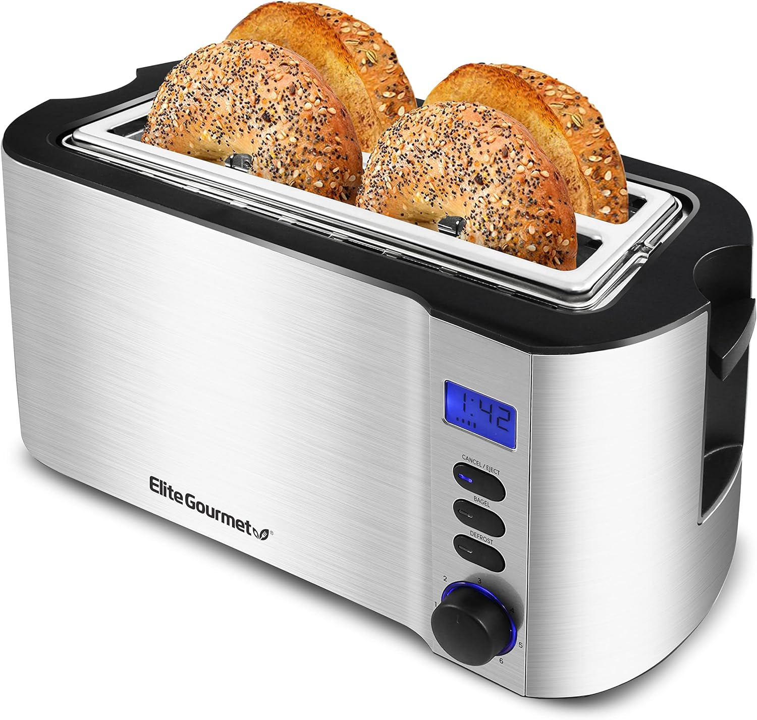 Elite Gourmet ECT4400B# Long Slot 4 Slice Toaster, Countdown Timer, 6 Toast Setting, Defrost, Cancel Function, Built-in Warming Rack, Extra Wide Slots for Bagel Waffle, Stainless Steel