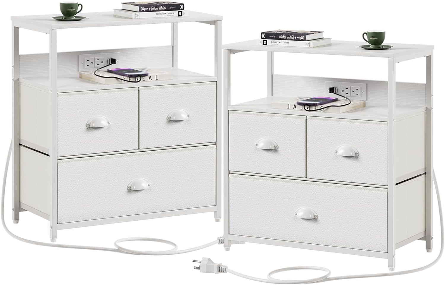 Furnulem White Nightstand Set of 2, Bedside Tables with Charging Station, 3 Fabric Drawer Side Table with Wooden Shelf for Bedroom, Bedroom Furniture