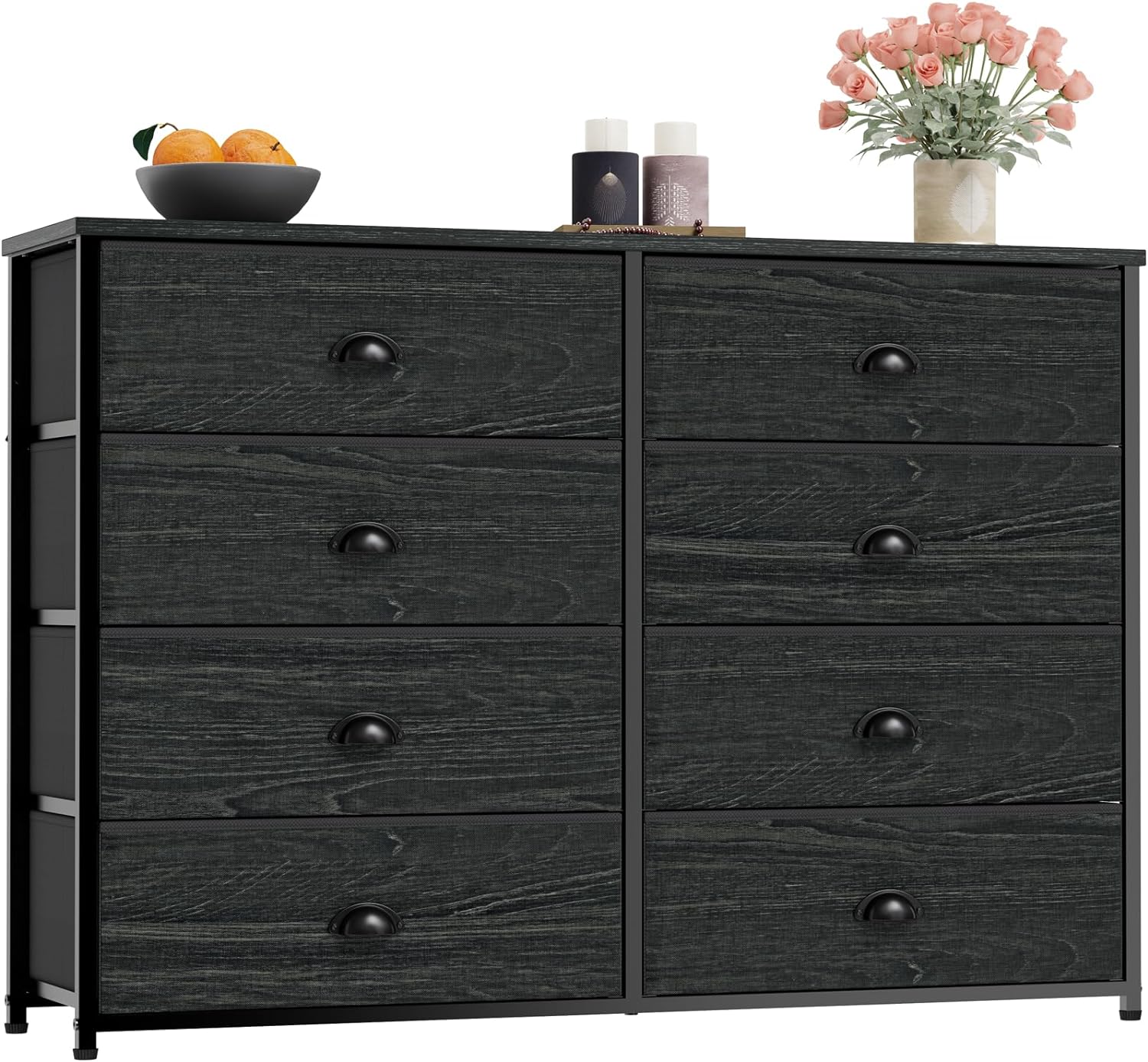 Furnulem 8 Drawer Dresser for Bedroom, TV Stand with Fabric Bins for 50'' TV, Large Chest of Drawers for Bedroom, Office, Dorm, Closet, Kids Room, Sturdy Metal Frame & Wood Top (Black Oak)