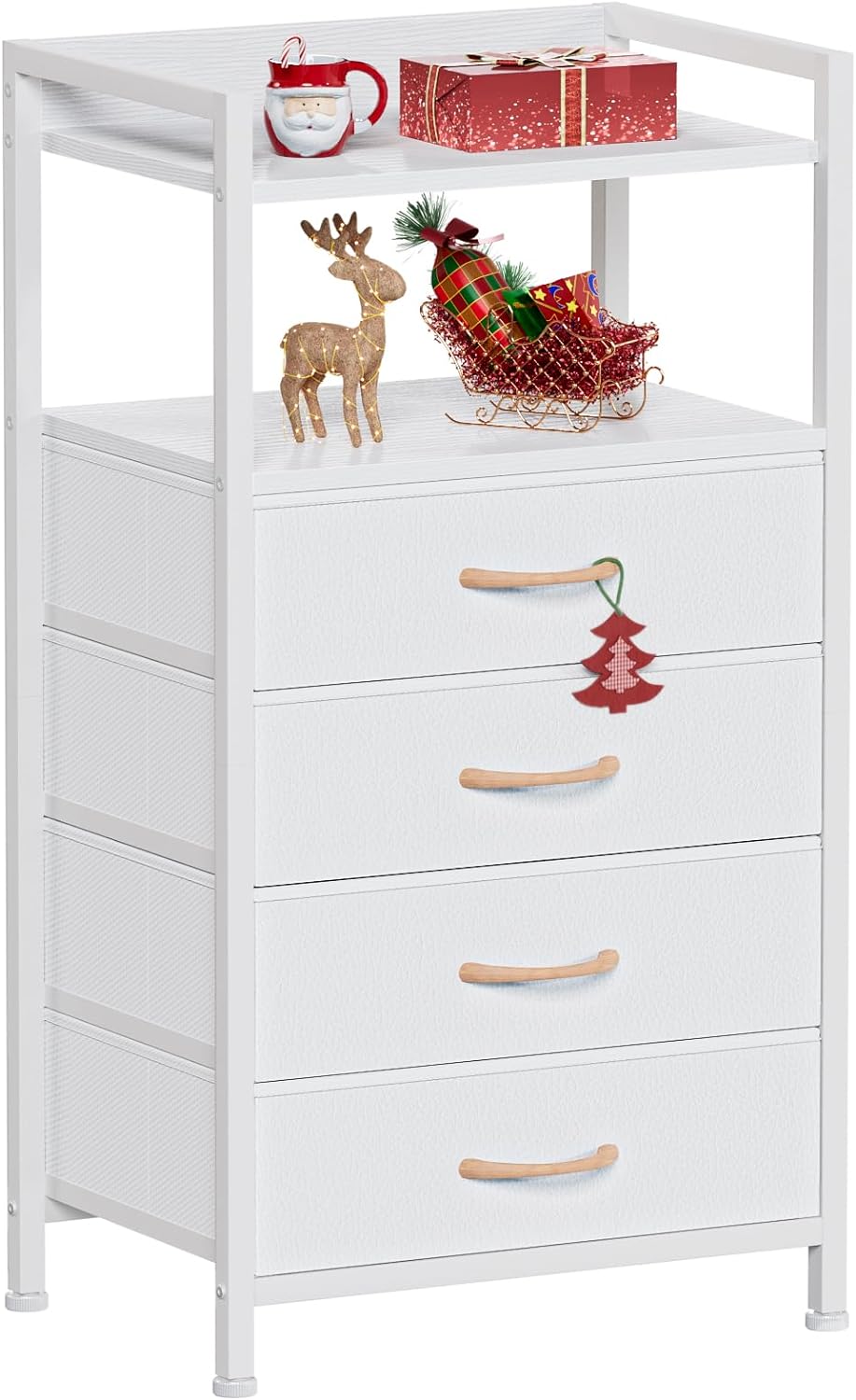 FurnulemWhite Nightstand for Bedroom, Small Dresser with 4 Fabric Drawers, Side Table Vertical Storage Tower for Closet, Nursery, Chest Drawer Organizer, Wood Shelf, Beside Furniture