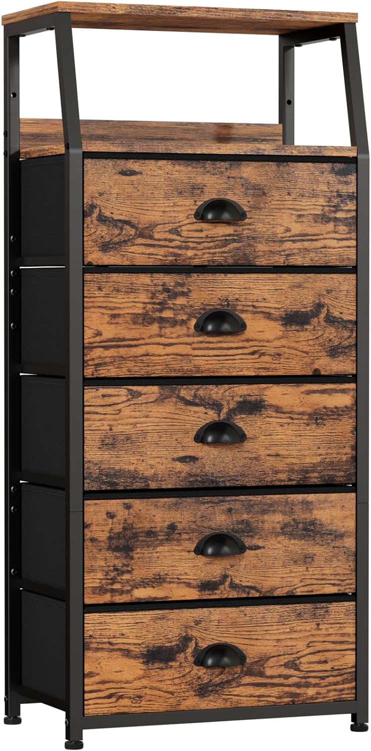 Furnulem Tall 5 Drawers Dresser, Vertical Storage Tower Fabric Dresser for Bedroom, Hallway, Entryway, Nursery, Closet Organizer, Nightstand Bedside Table Furniture, Sturdy Steel Frame, Wood Top