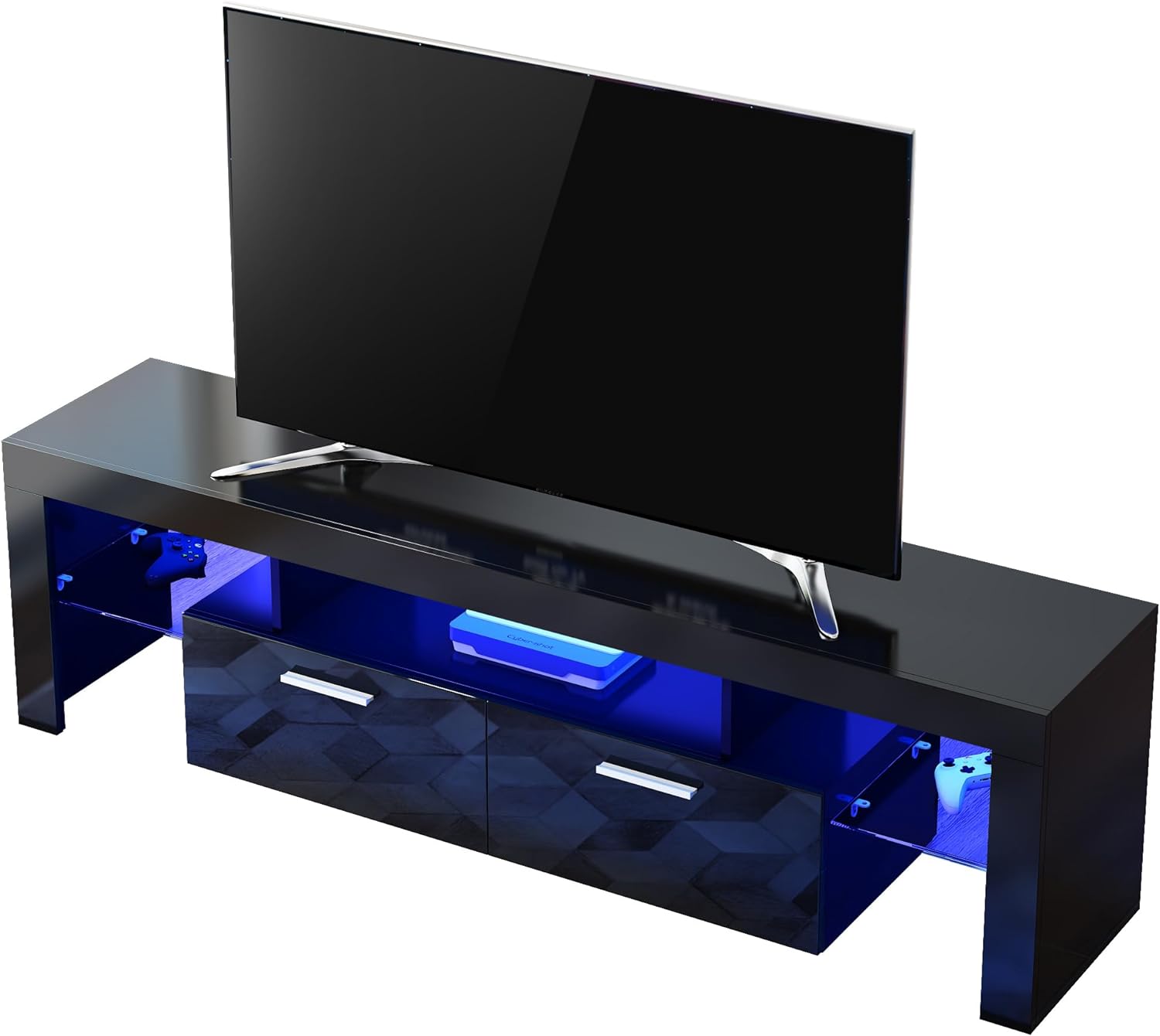 Modern Black TV Stand for 55 /65 /70/75 Inch TV, Entertainment Center, LED Media Console, TV Table with Storage & Glass Open Shelves for Bedroom, Living Room