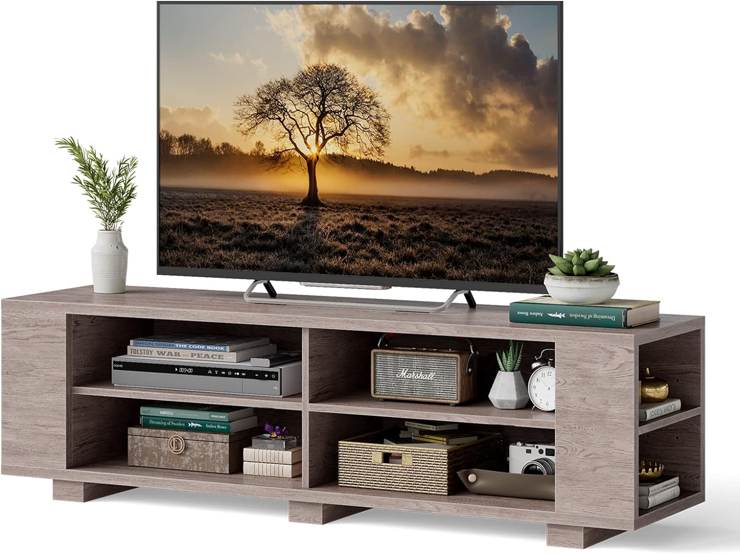 Tangkula Wood TV Stand for TVs up to 65 Inch Flat Screen, Modern Entertainment Center with 8 Open Shelves, Farmhouse TV Storage Cabinet for Living Room Bedroom, TV Console Table (Grey)