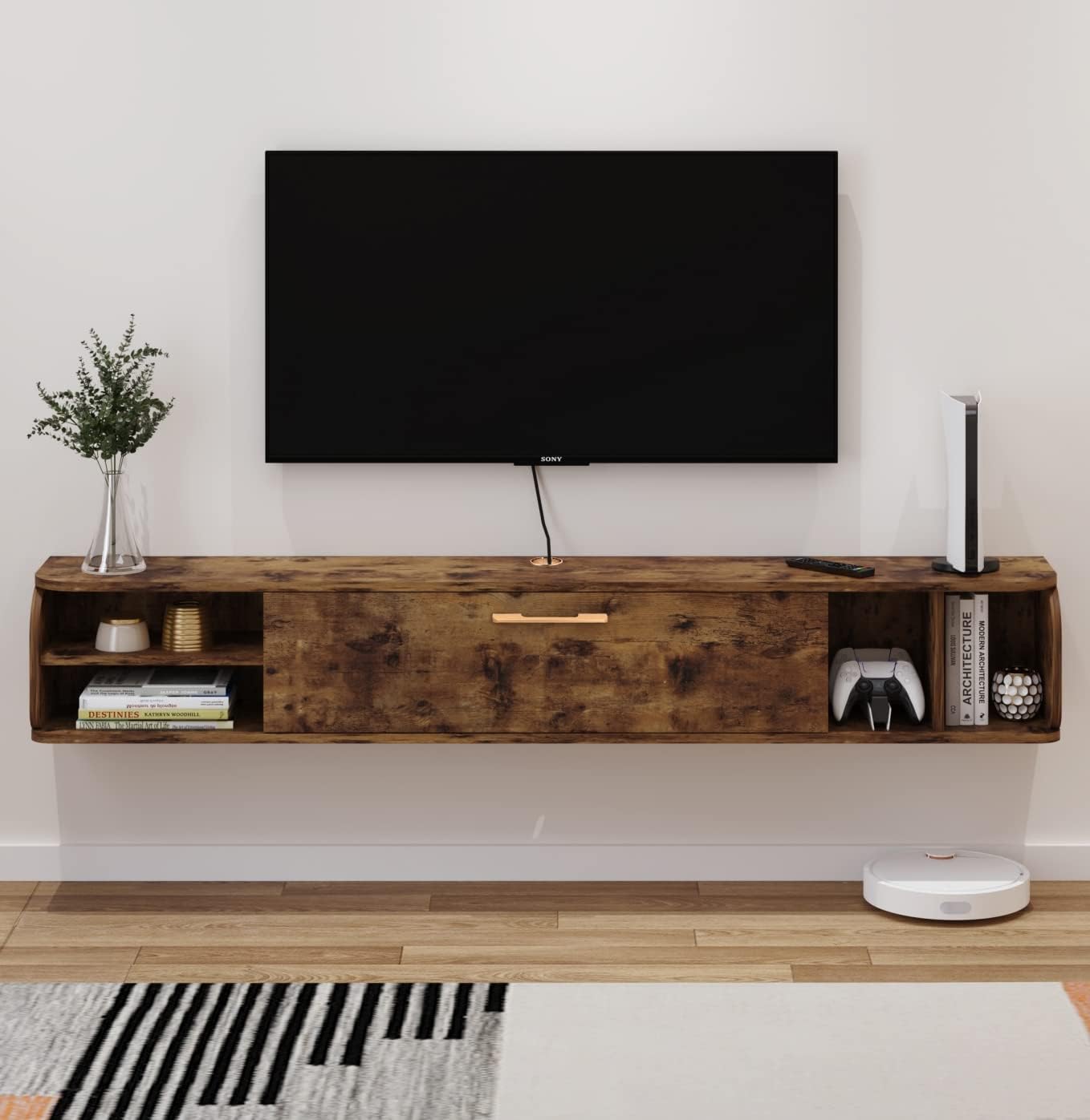 Floating TV Unit, 58'' Wall Mounted TV Cabinet, Floating Shelves with 4 Cabinets, Wooden Entertainment Media Console Center Large Storage TV Bench for Living Room & Office (Rustic Brown)