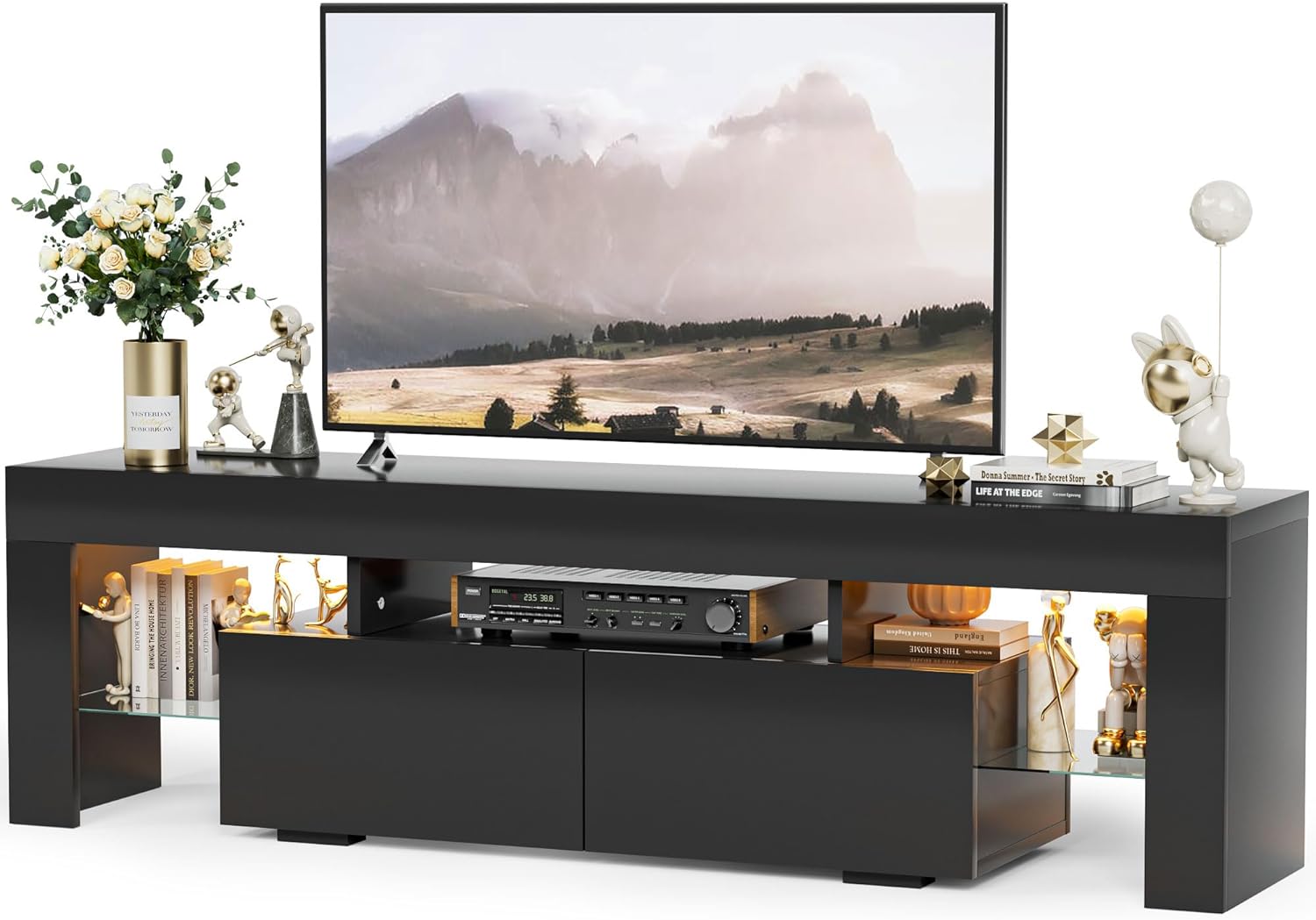 YESHOMY Modern LED TV Stand for Televisions up to 70 Inch with Glass Shelves and Drawer, Gaming Entertainment Center with Multiple Dynamic RGB Modes, for Livingroom, Bedroom, 60 Inch, Black