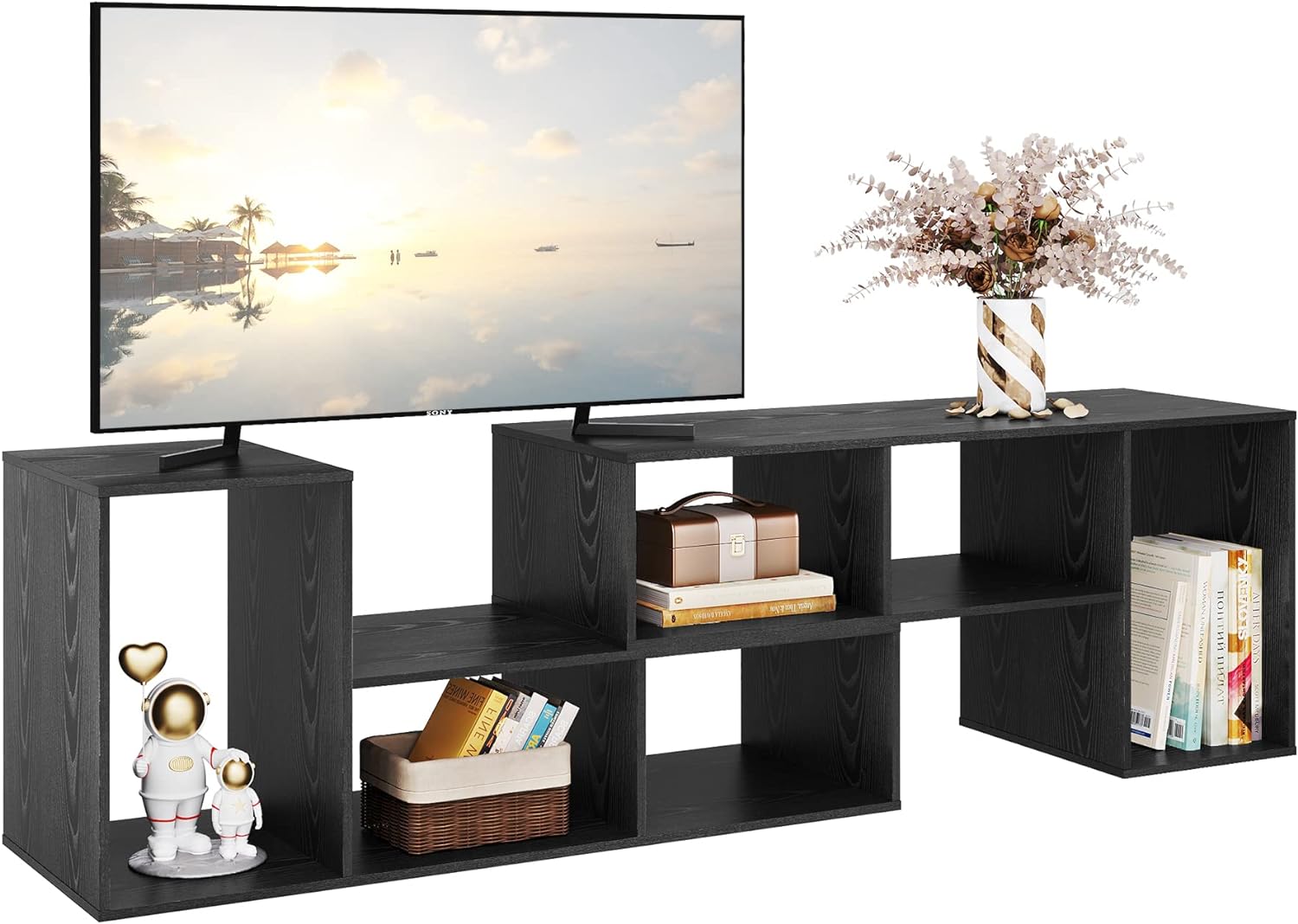 DEVAISE Flat Screen TV Stand for 65 75 inch TV, Modern Entertainment Center with Storage Shelves, Media Console Bookshelf for Living Room, Black