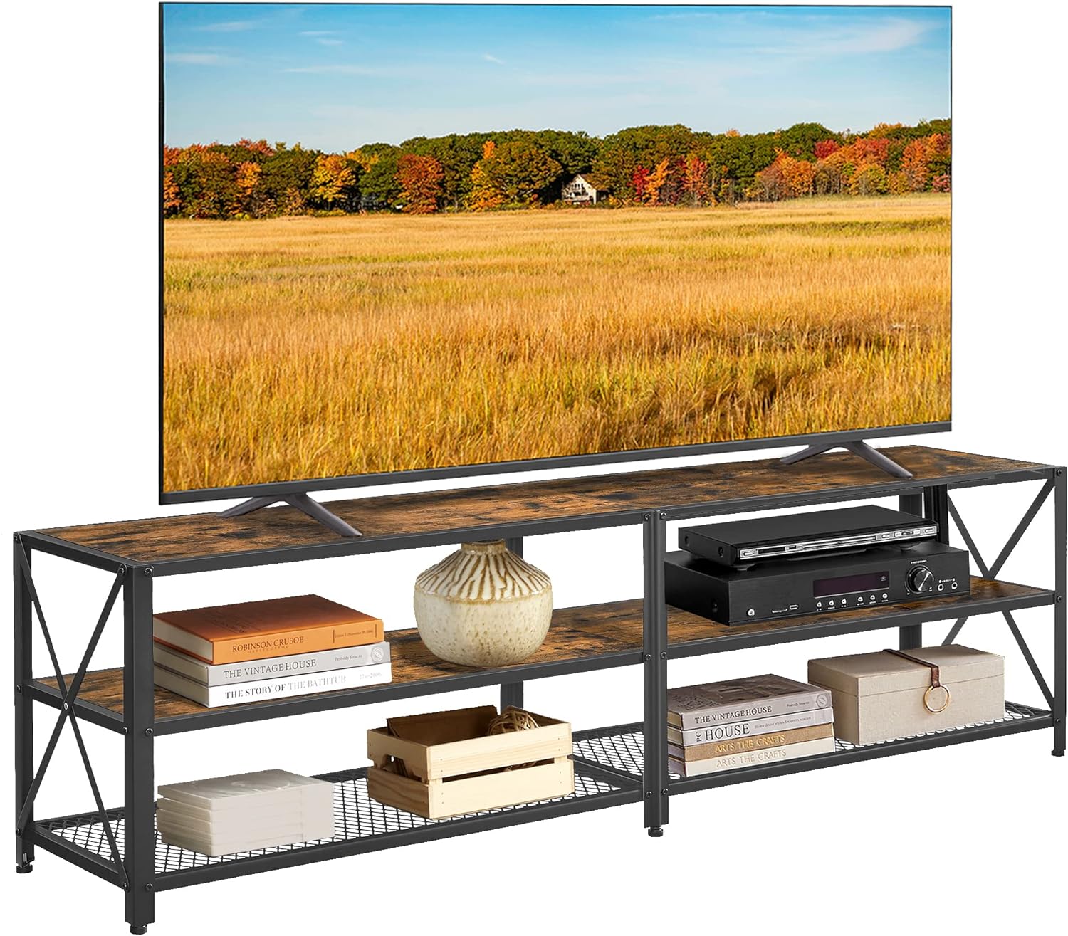 VASAGLE TV Stand, TV Console for TVs Up to 75 Inches, TV Table, 70.1 Inches Width, TV Cabinet with Storage Shelves, Steel Frame, for Living Room, Bedroom, Rustic Brown and Black ULTV096B01V1