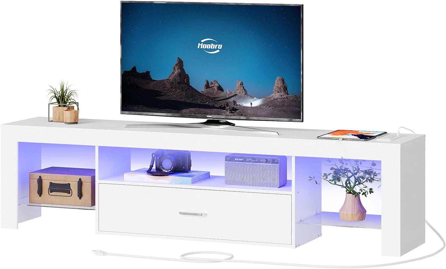 LED TV Stand with Power Outlets to 75 inch TV, Gaming Entertainment Center with Glass Shelves and Large Drawer, Modern Media TV Console Table for Living Room Bedroom, White WT160UDDS01