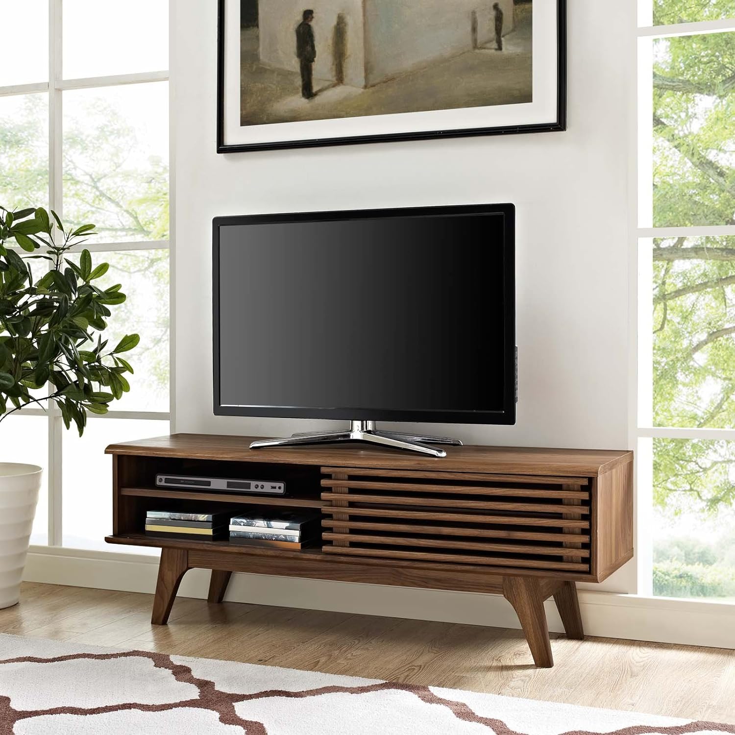 Modway Render 48 Mid-Century Modern Low Profile Media Console TV Stand, 48 Inch, Walnut