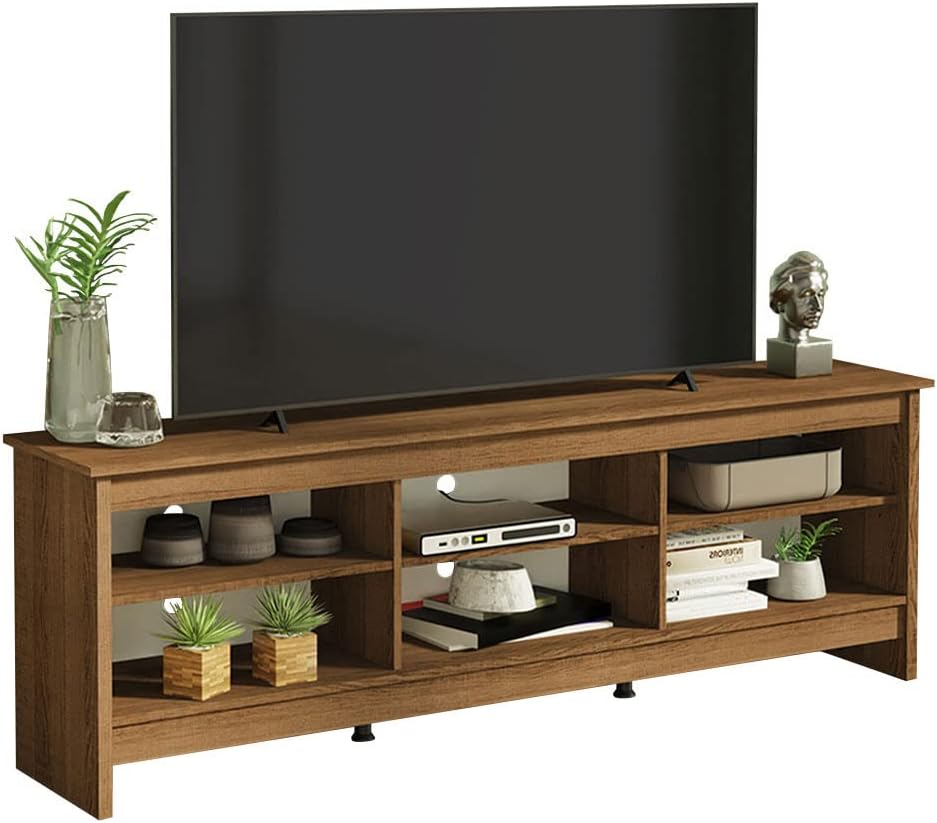 Madesa TV Stand with 6 Shelves and Cable Management, for TVs up to 75 Inches, Wood TV Bench, 23 H x 14 D x 71 L  Rustic